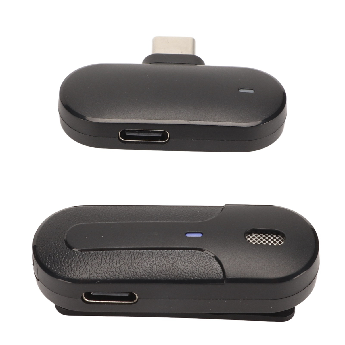 Schwarzer drahtloser Empfänger, Ober- und Unteransicht. Verfügt über einen USB-C-Anschluss und ein kleines Mikrofonloch.