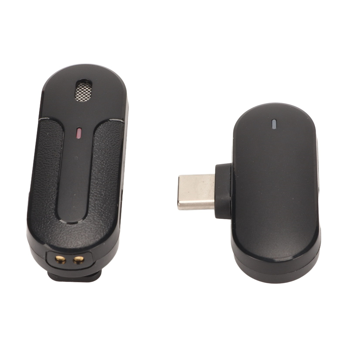 Zwei schwarze Mikrofonvorrichtungen mit USB-C-Anschluss. Eines hat ein rotes Licht.