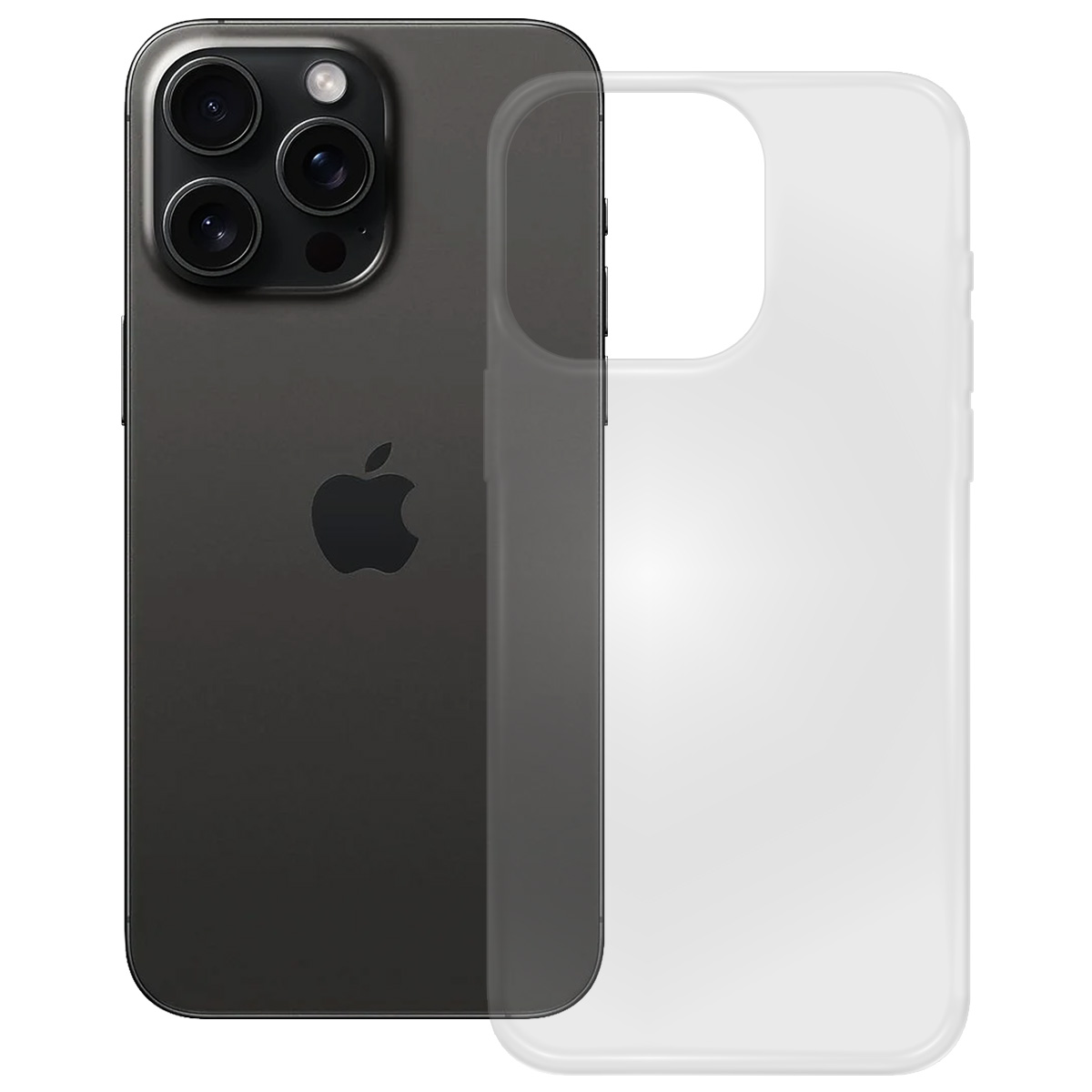 Un iPhone grigio scuro con una custodia trasparente accanto, che mostra il retro del telefono.