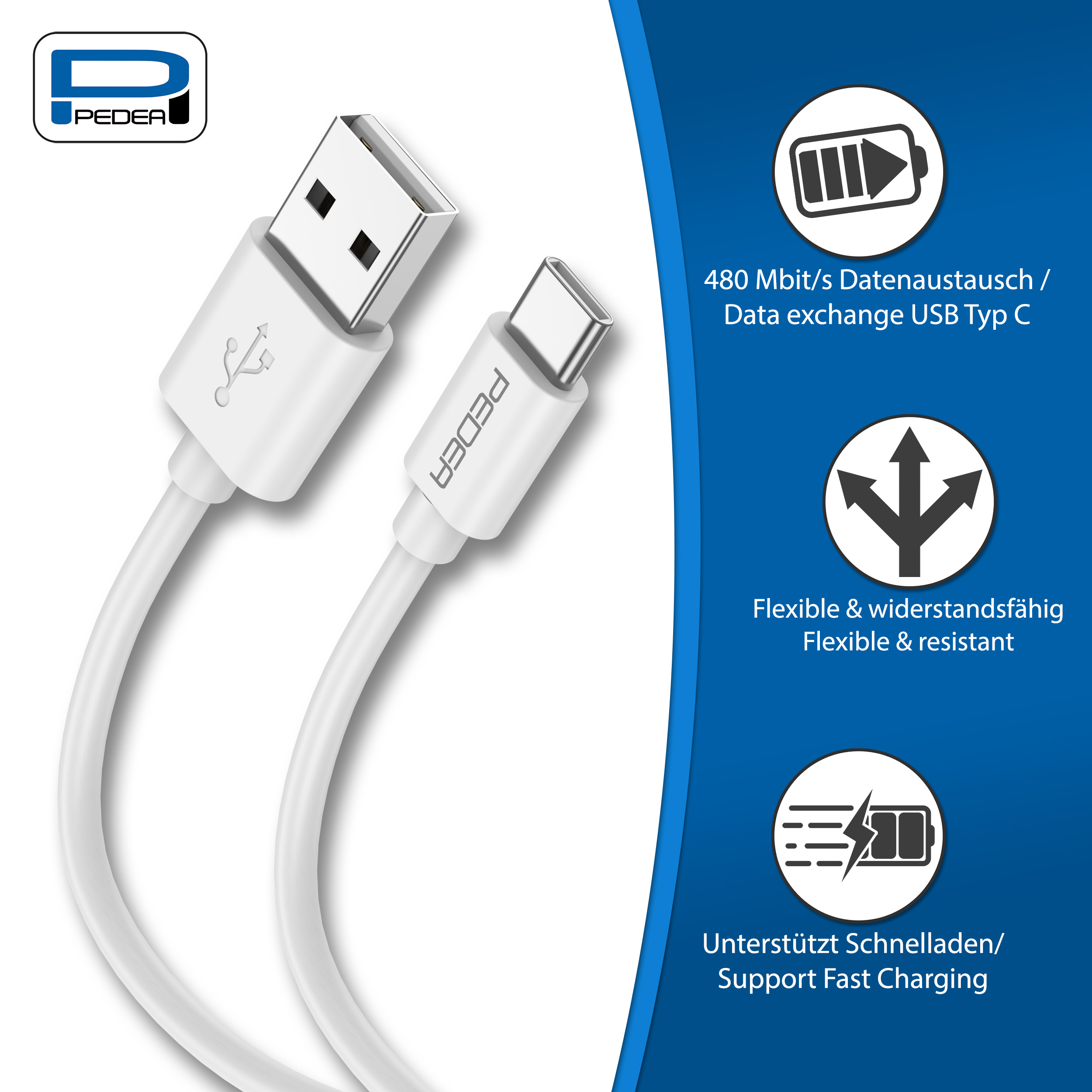 Weißes USB-C-Kabel. Etiketten zeigen Datenaustausch, Schnellladung.