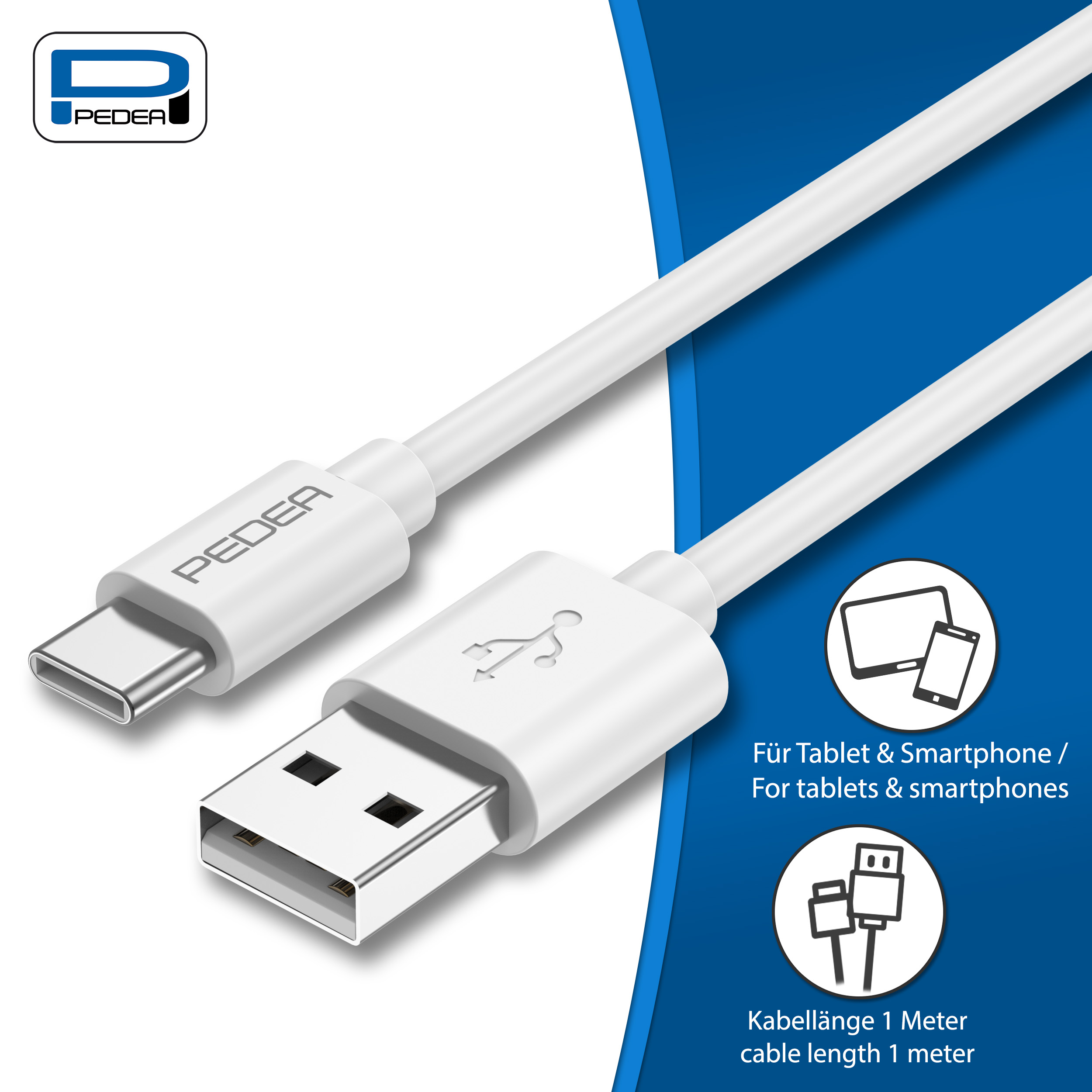 Weißes USB-C-Kabel. Ein Ende USB-C, das andere USB, mit Symbolen für Tablets & Smartphones.