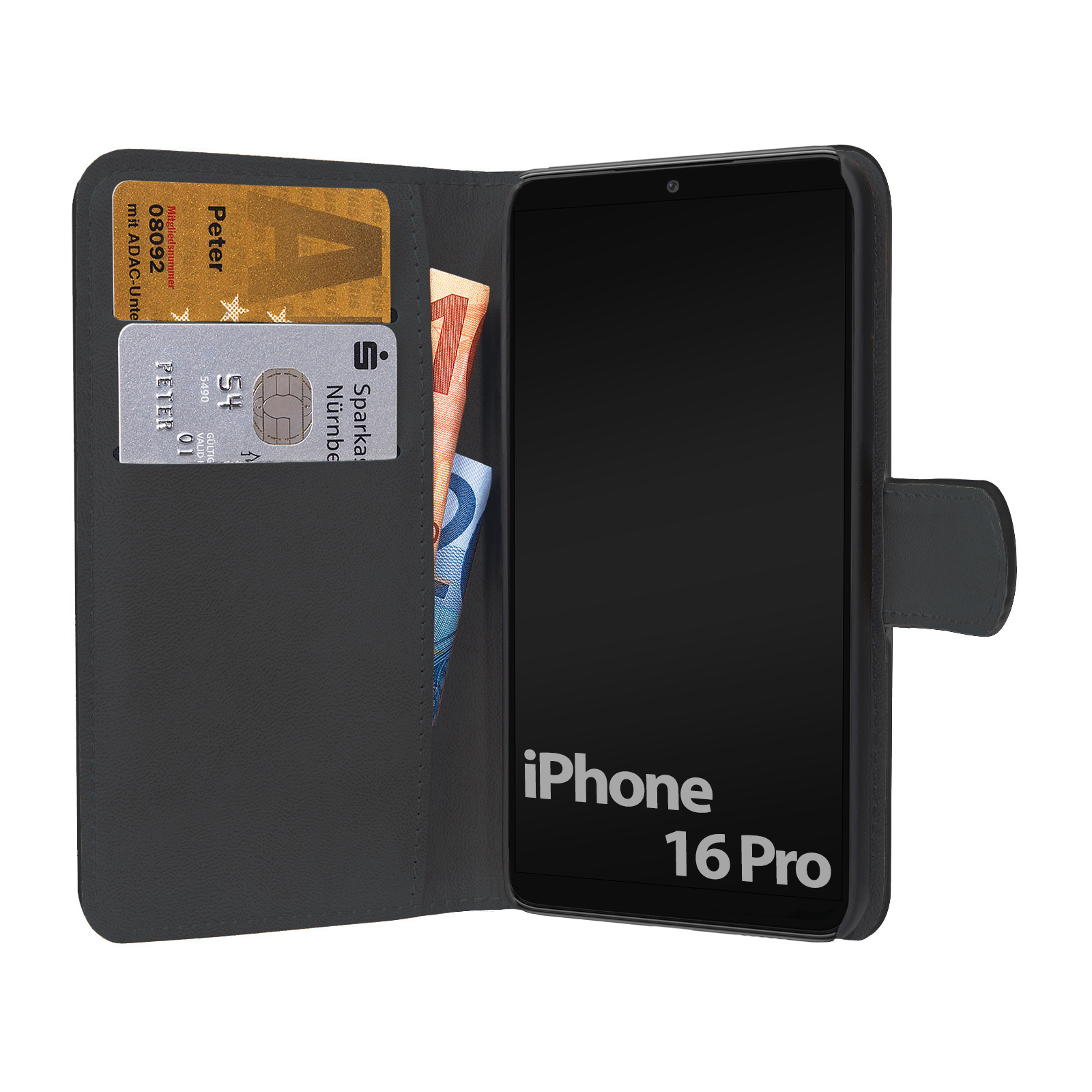 Schwarze iPhone 16 Pro Hülle, mit Kreditkarten und Bargeld sichtbar. Das Telefon ist rechts.