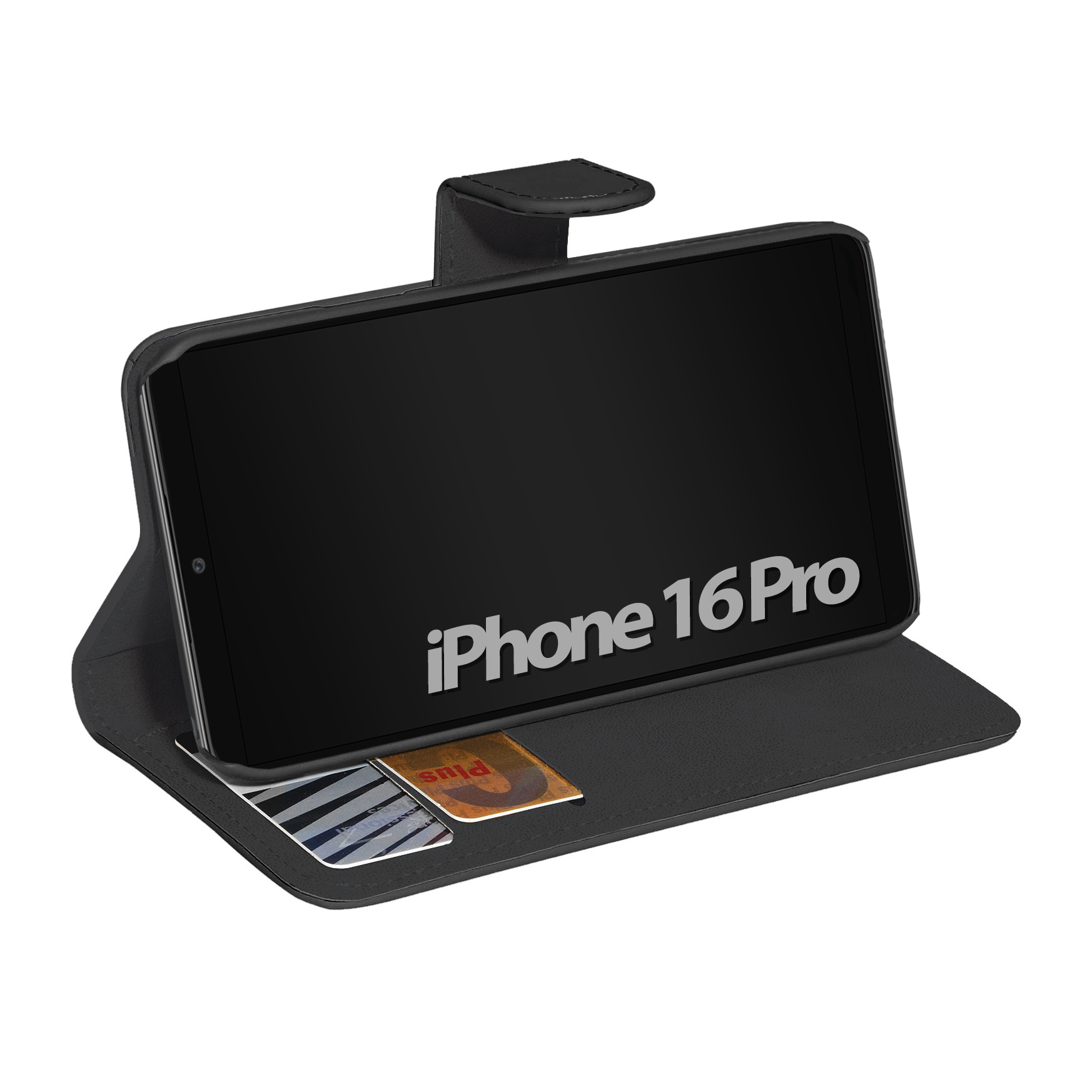 Schwarzes Smartphone in schwarzer Brieftasche mit Kartenfächern. Telefon zeigt "iPhone 16 Pro".