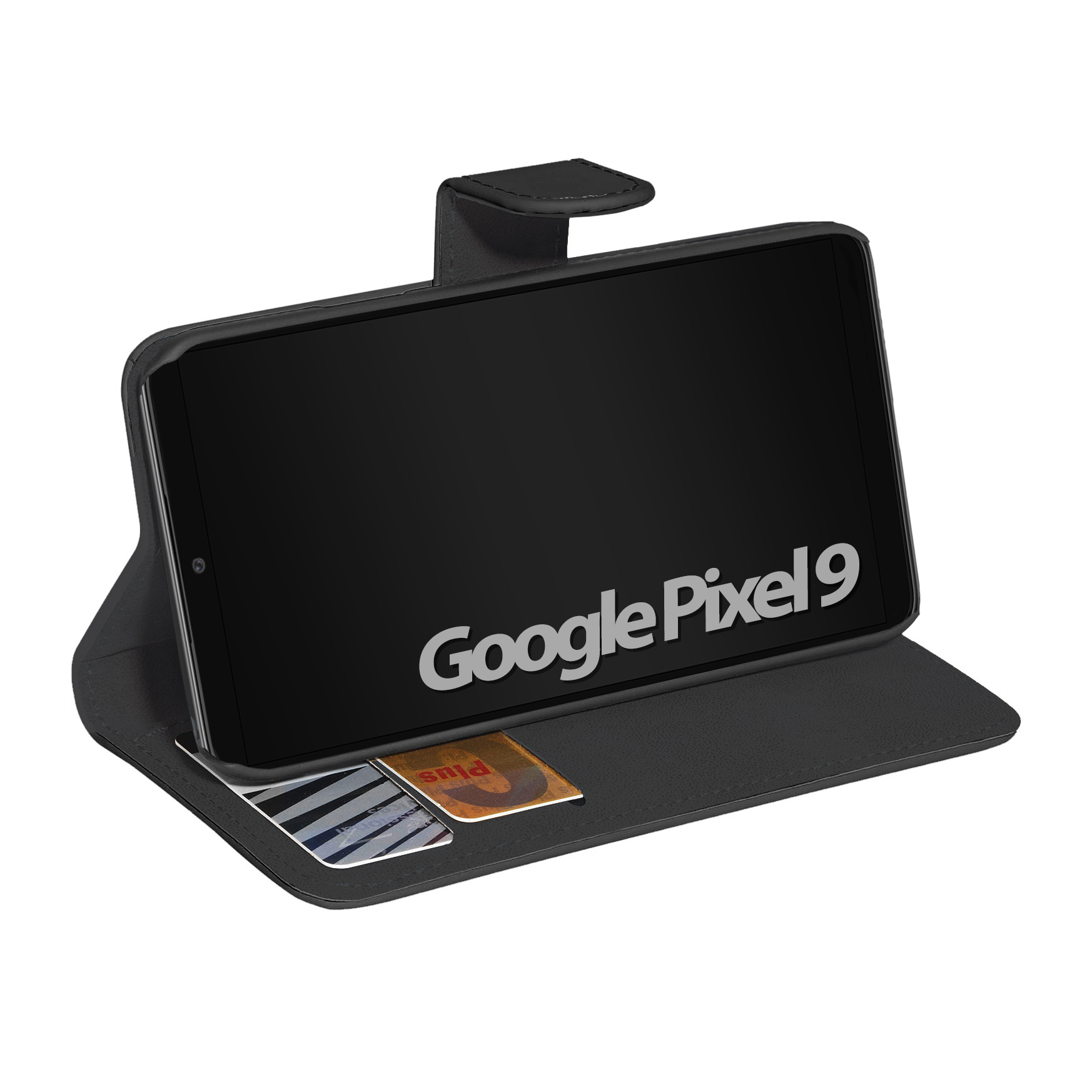 Schwarze Handyhülle geöffnet, mit einem schwarzen Handy, das Google Pixel 9 auf dem Bildschirm zeigt und Kartenfächer hat.