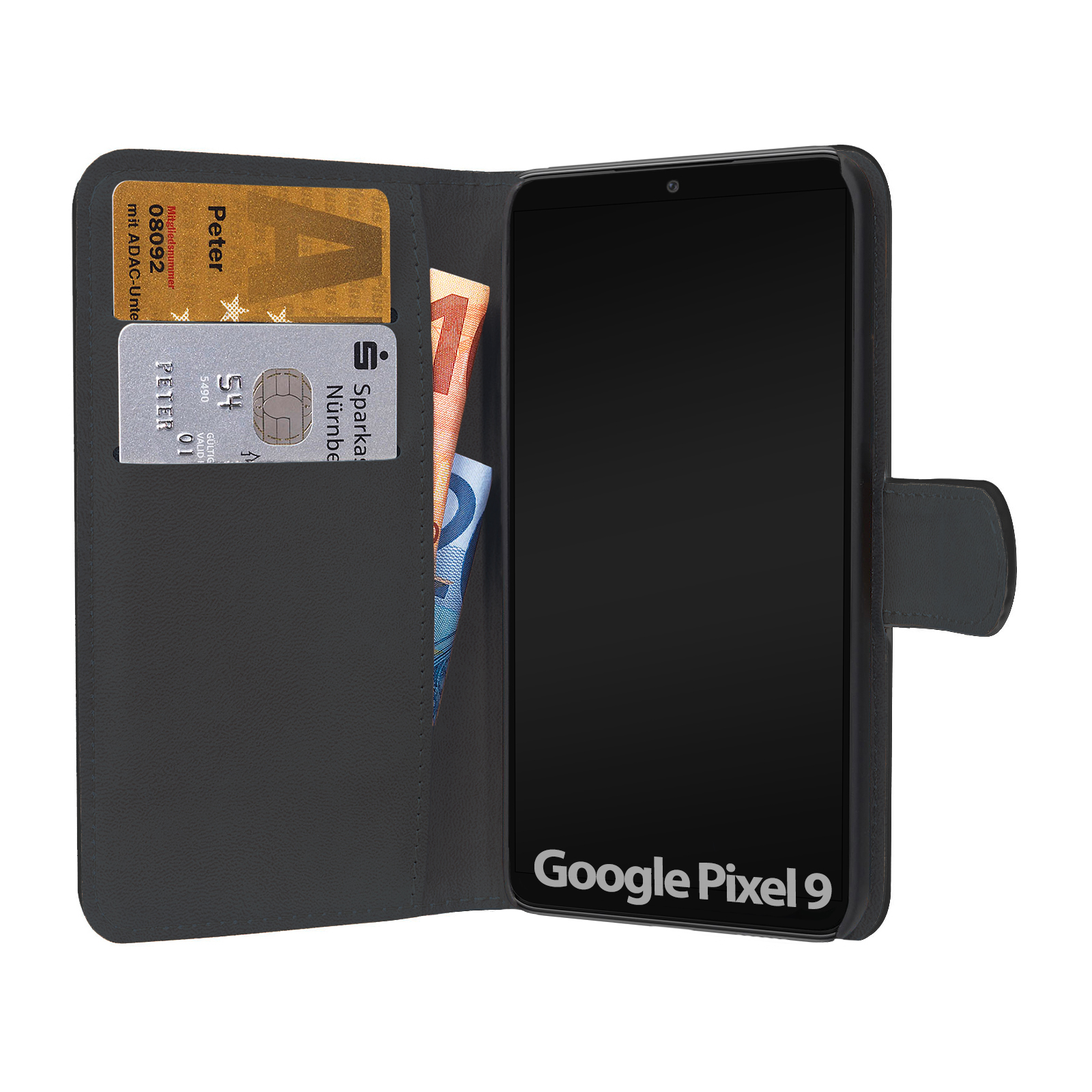 Schwarze Handyhülle mit Karten und Bargeld. Google Pixel 9 Text sichtbar.