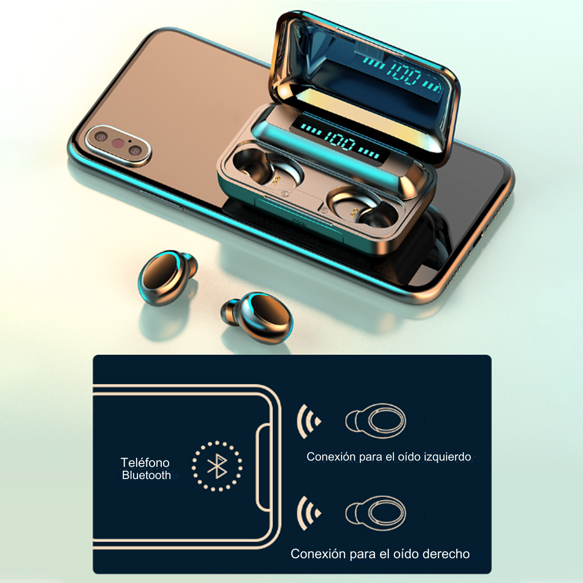 Ohrhörer und ihre Ladebox auf einem Telefon. Das Telefon ist über Bluetooth verbunden.