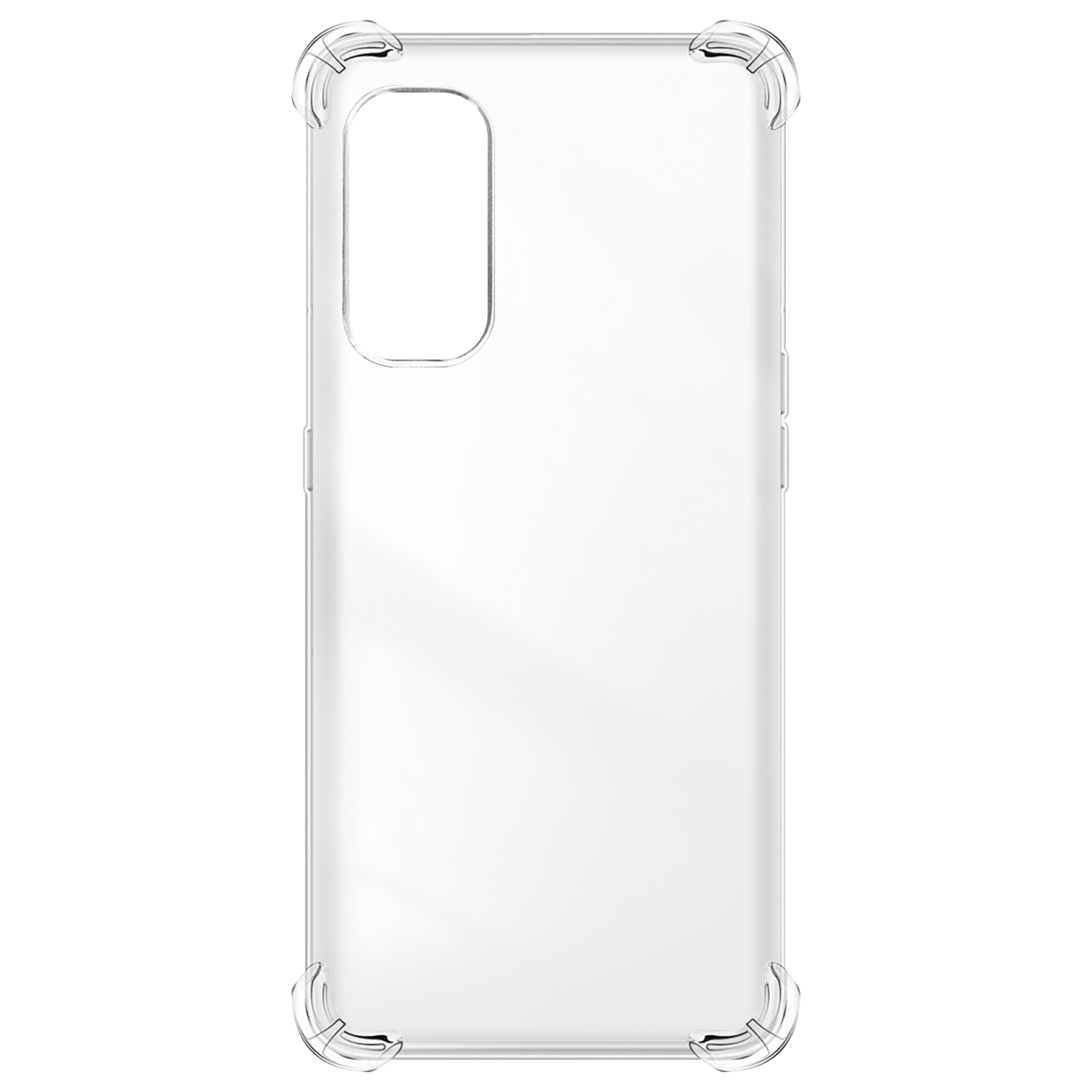 Een transparante telefoonhoes met versterkte hoeken, die de achterkant van de telefoon laat zien.