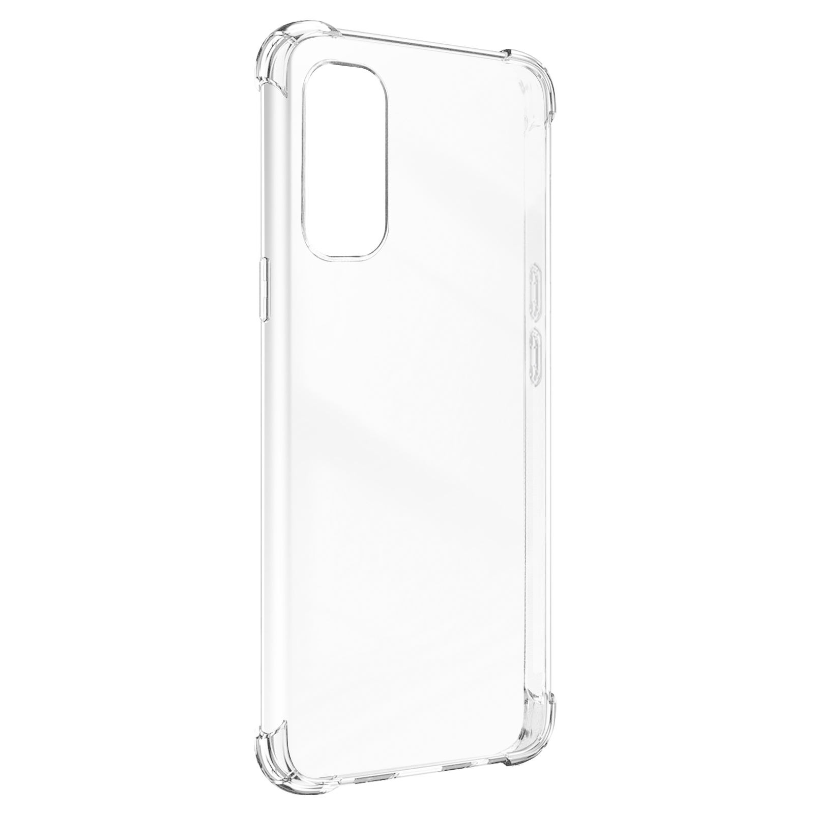 Transparante telefoonhoes, transparant plastic, camera-uitsparing, zijknoppen en afgeronde randen. Witte achtergrond.