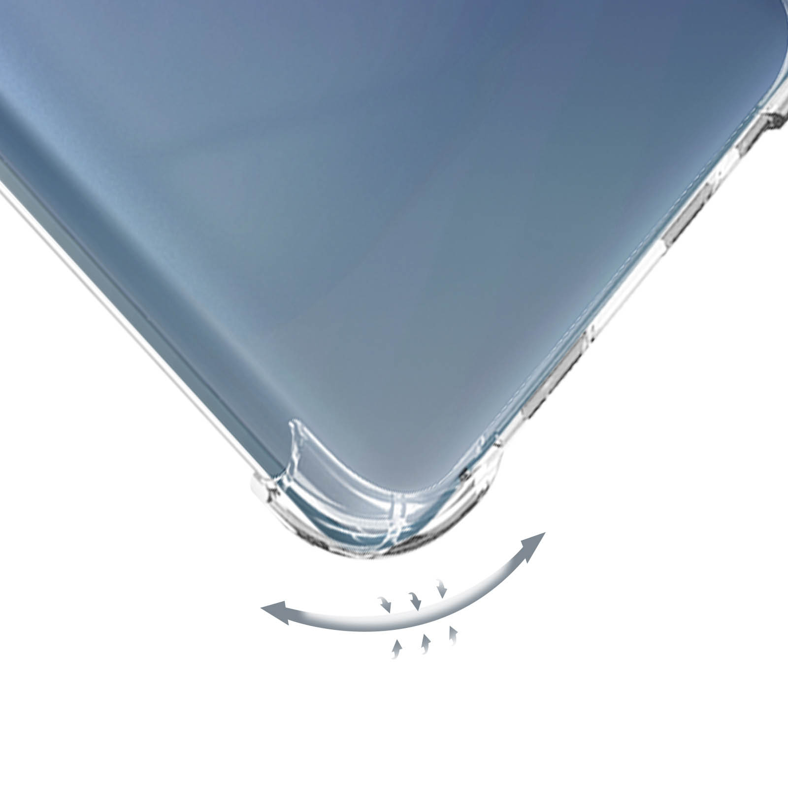 Transparante telefoonhoes, met een lichte curve en pijlen die flexibiliteit aangeven.