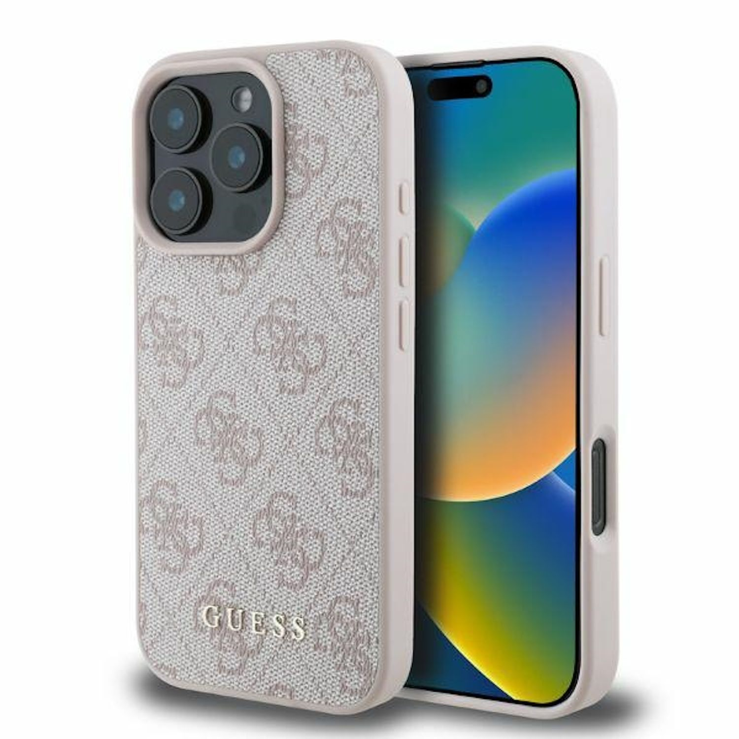 Handyhülle mit Guess-Logo, weiß und beige. Telefon ist sichtbar.