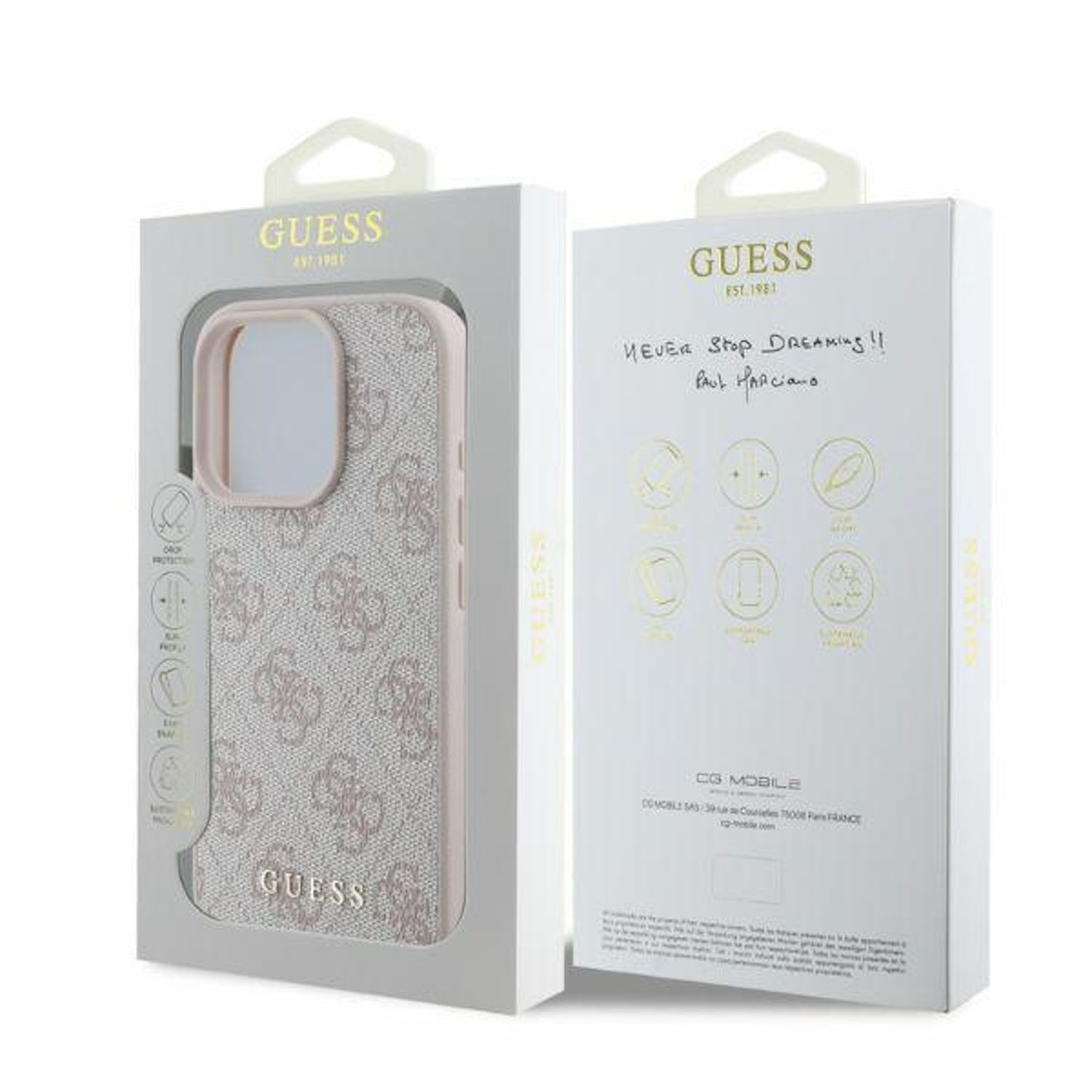 Handyhülle in der Box, mit dem Markennamen GUESS und handschriftlicher Notiz.
