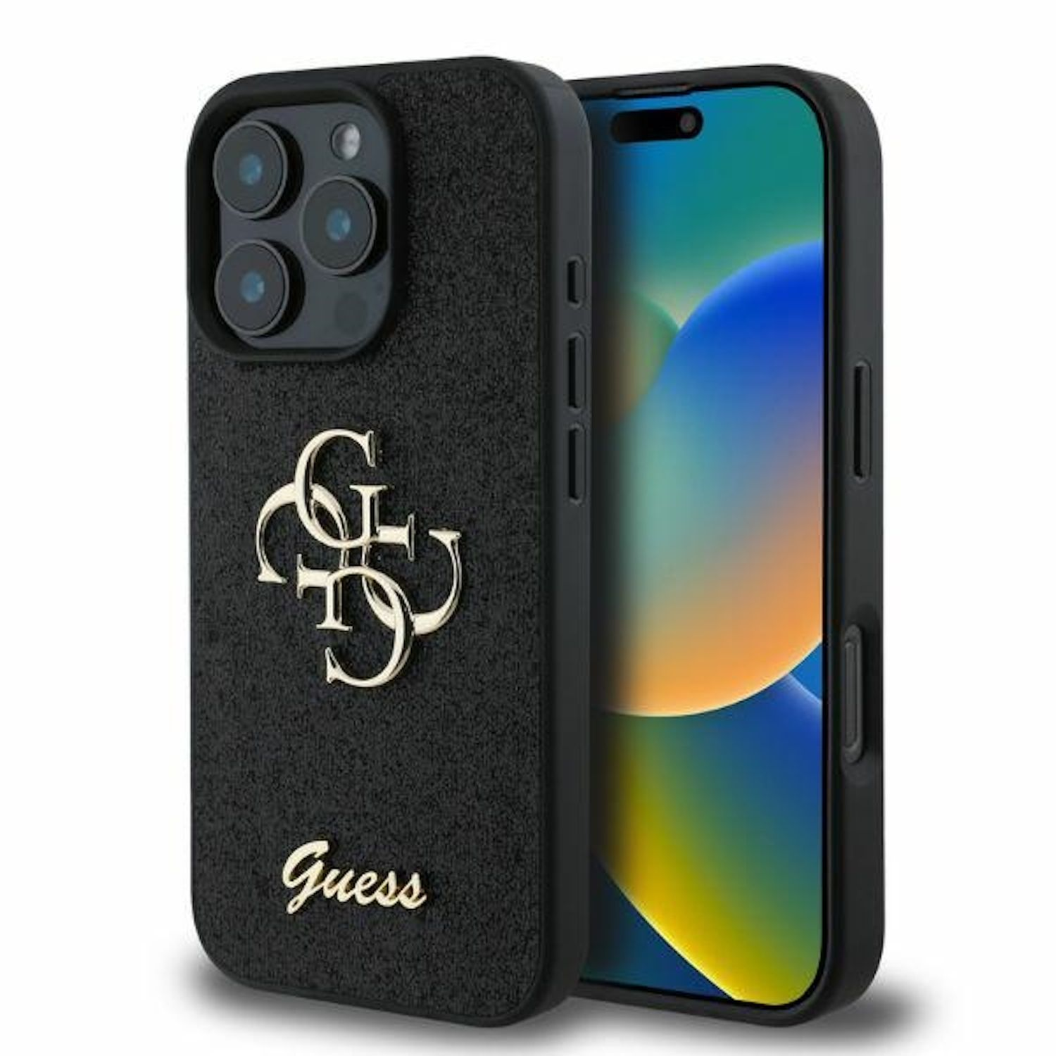 Schwarze Handyhülle mit goldenem Logo und ein Handy mit einem Bildschirm, der einen blau-weißen Hintergrund zeigt.