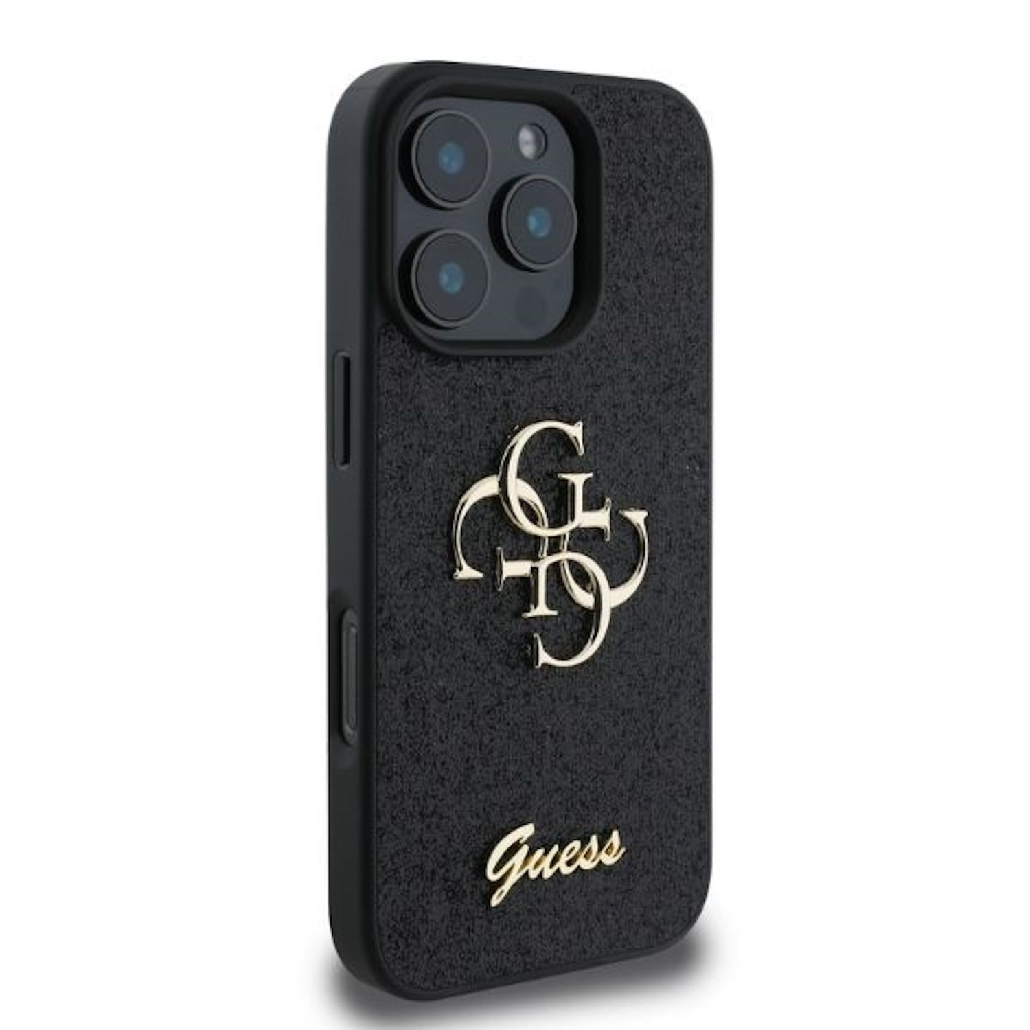 Schwarze Guess-Handyhülle mit goldenem Logo und strukturierter Oberfläche.