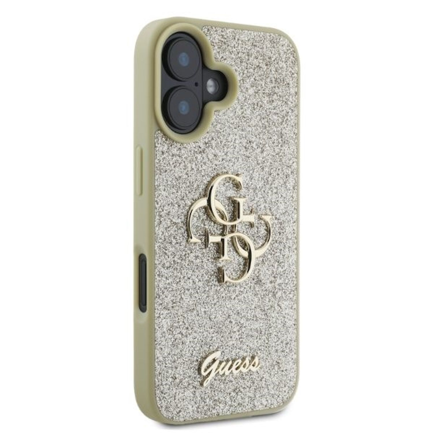 Custodia per telefono Guess color oro con sfondo argentato glitterato e logo del marchio.