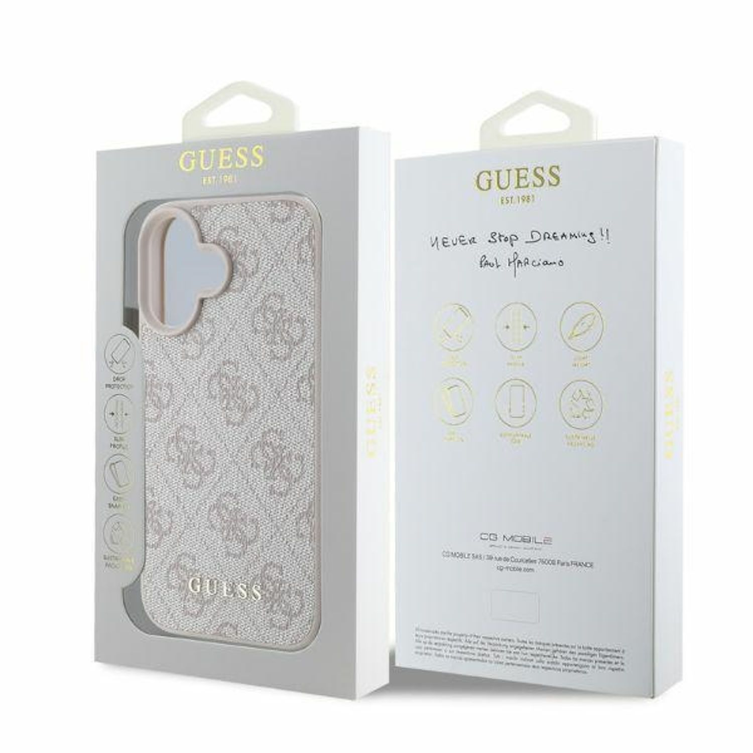 Zwei GUESS-Handyhüllen-Boxen. Eine Box geöffnet, die Handyhülle wird angezeigt. Weißer Hintergrund.