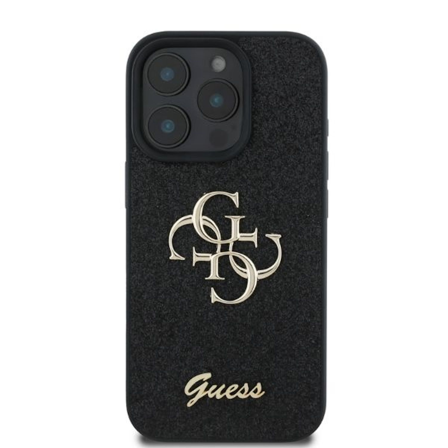 Eine schwarze Handyhülle mit Guess-Logo. Die Hülle hat eine strukturierte Oberfläche und goldfarbene Guess-Schriftzüge.