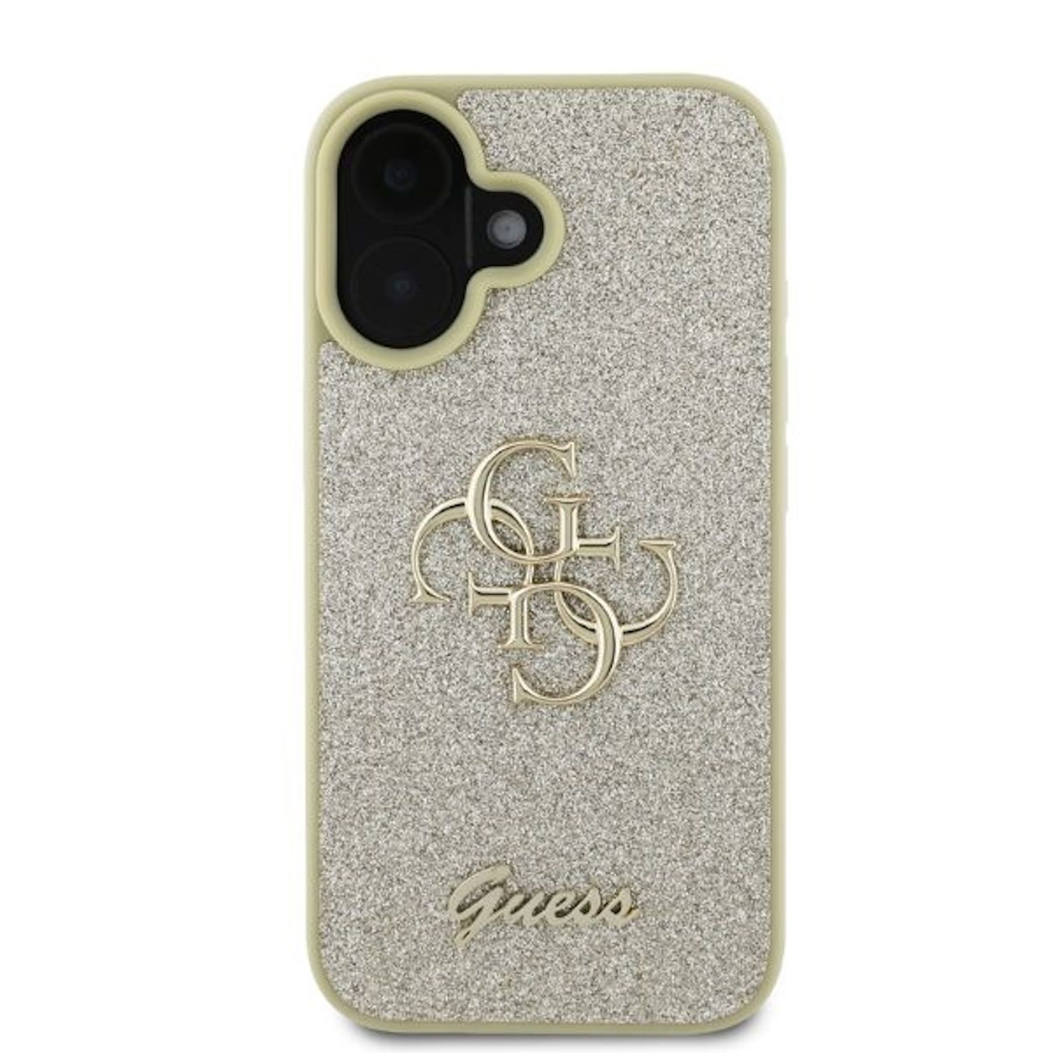Una custodia per telefono glitterata con un logo Guess dorato. La custodia è su sfondo bianco.
