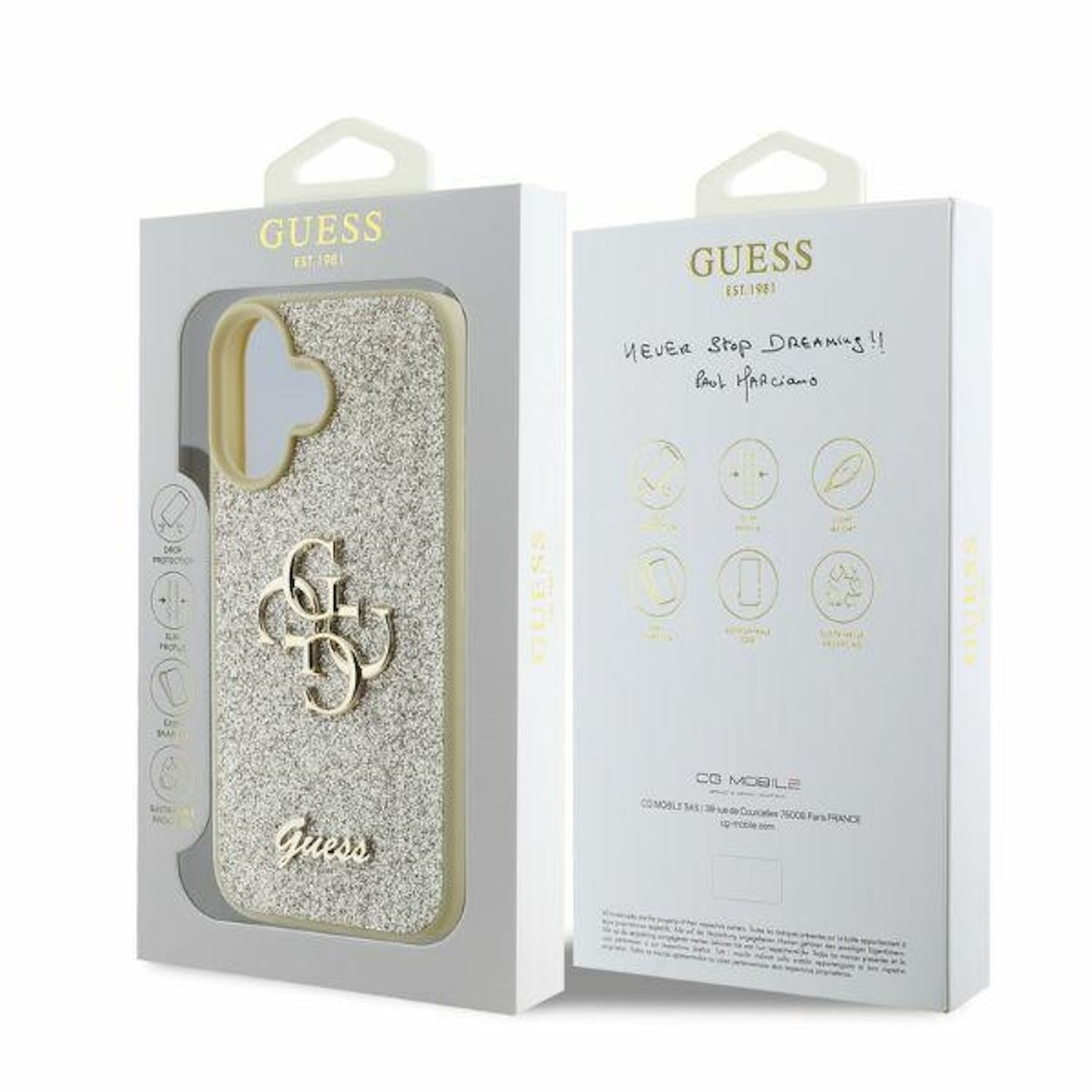 Custodia per telefono in una confezione. La custodia presenta dettagli dorati, un logo e un design glitterato argento.