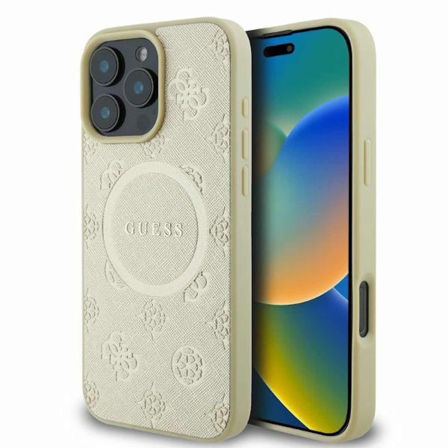 Telefono con custodia Guess color crema. Custodia con logo Guess e motivo floreale.