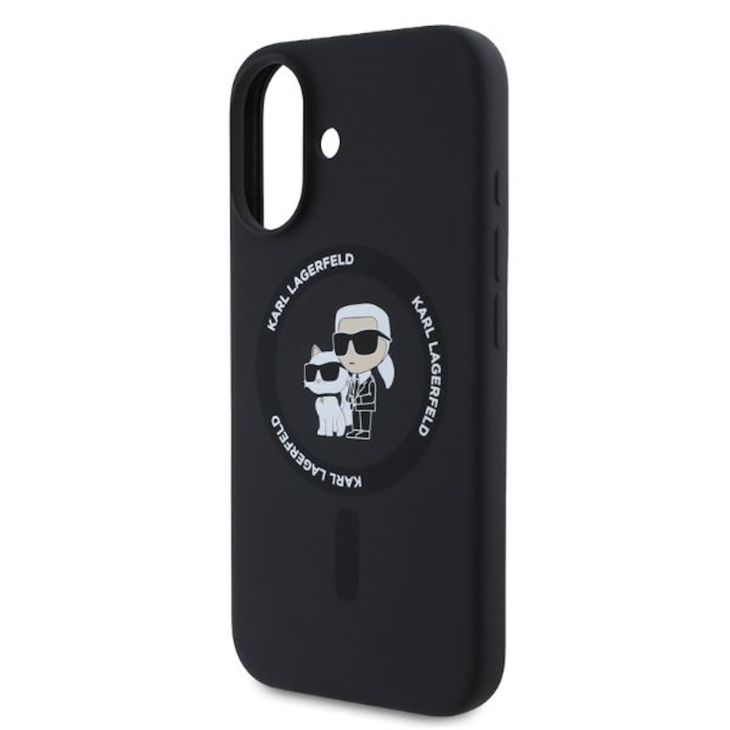 Custodia nera per telefono con design Karl Lagerfeld. C'è un gatto bianco.