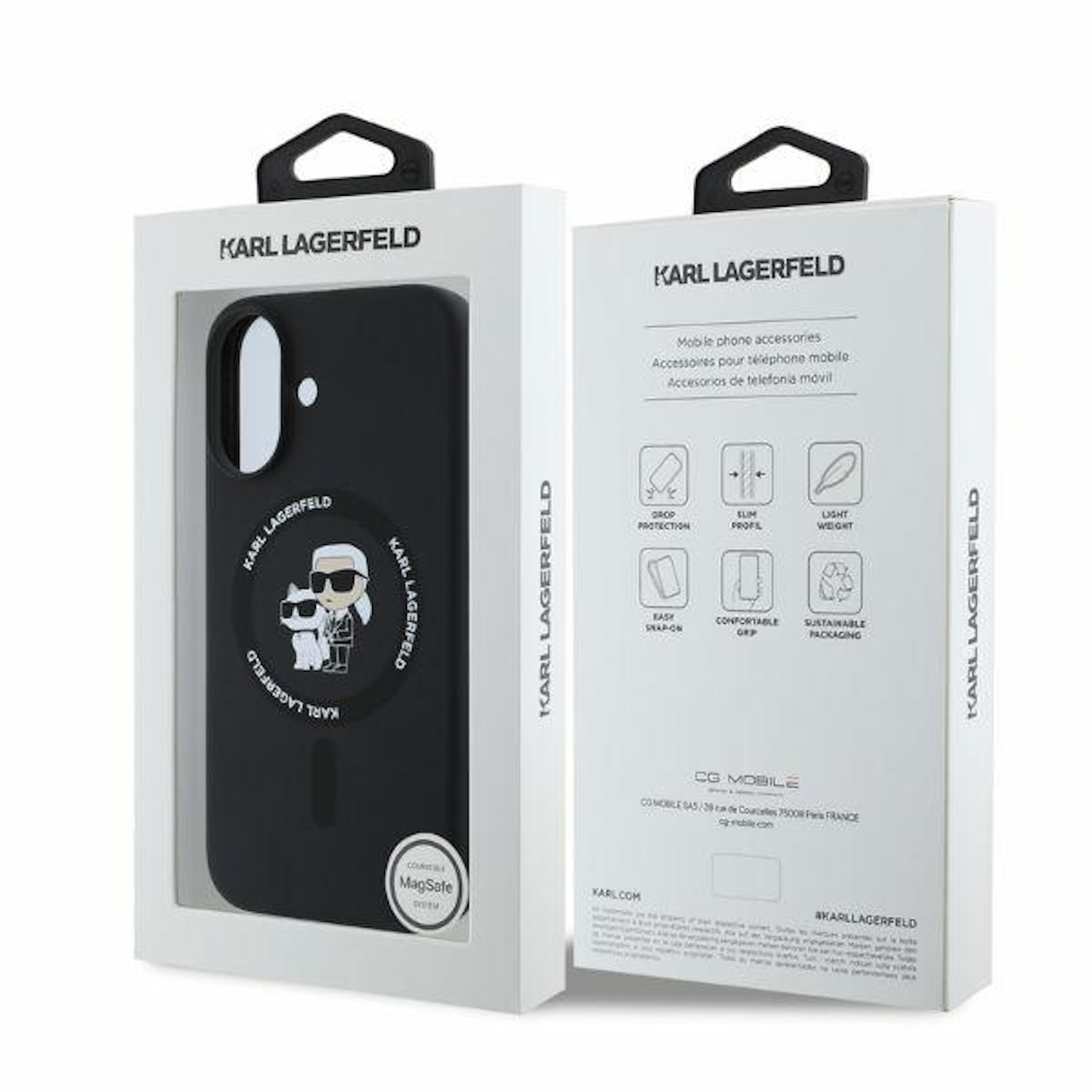 Due custodie per telefono Karl Lagerfeld in scatole, su sfondo bianco. Una mostra un personaggio dei cartoni animati.