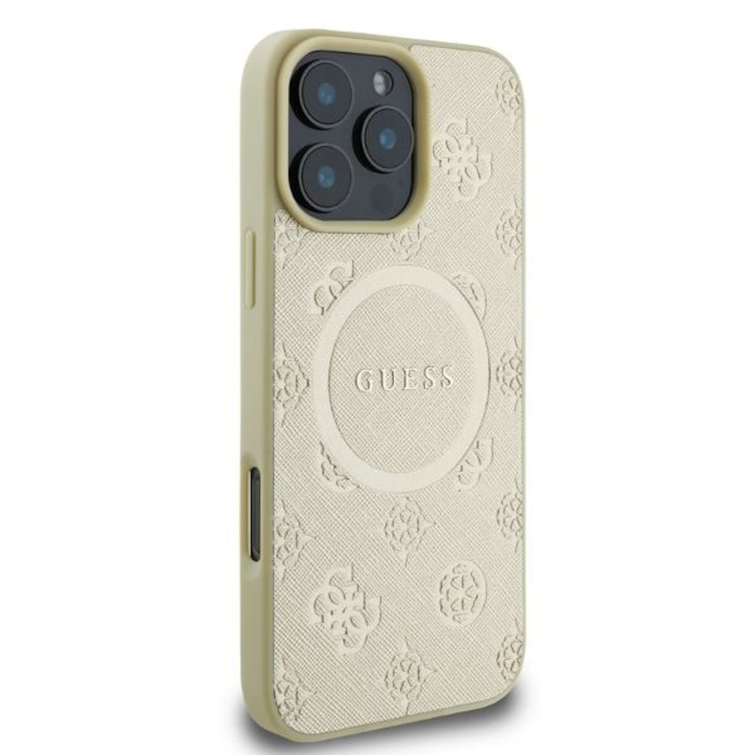 Custodia beige con motivo floreale in rilievo e logo Guess.