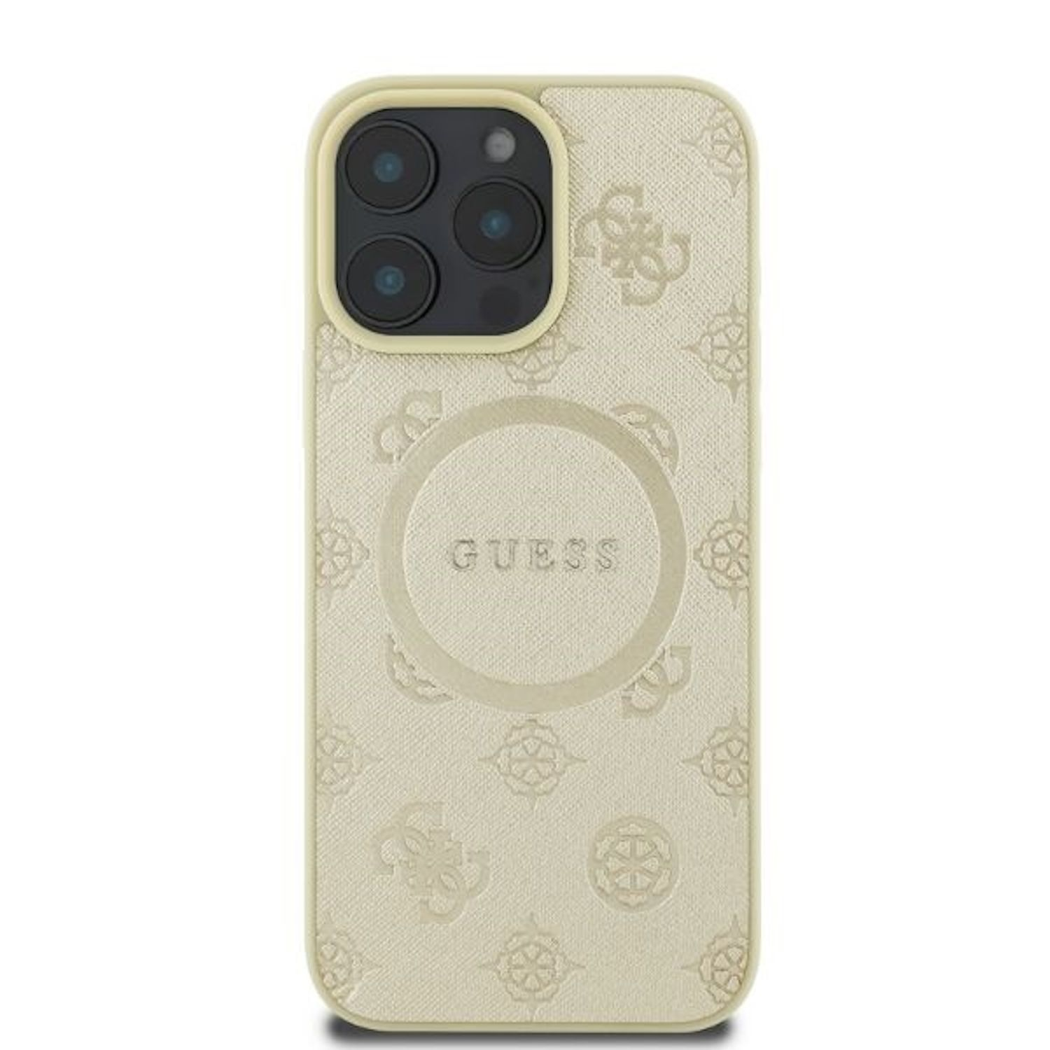 Custodia per telefono Guess color crema con design del logo e un cerchio di ricarica magnetica, vista da vicino.