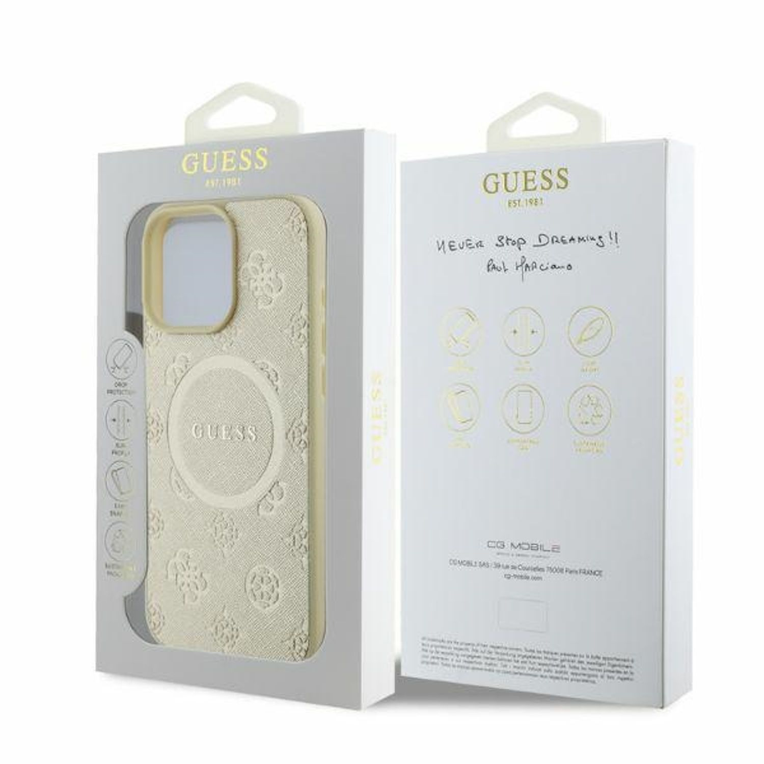Custodia Guess in scatola. Crema con loghi. Retro scatola con scritte e diagrammi.
