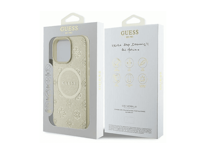 CG MOBILE Guess HC Custodia per telefono progettata per iPhone 16 Pro Max, durevole, antiurto, compatibile con Magsafe, custodia LIQ con fiori glitterati beige