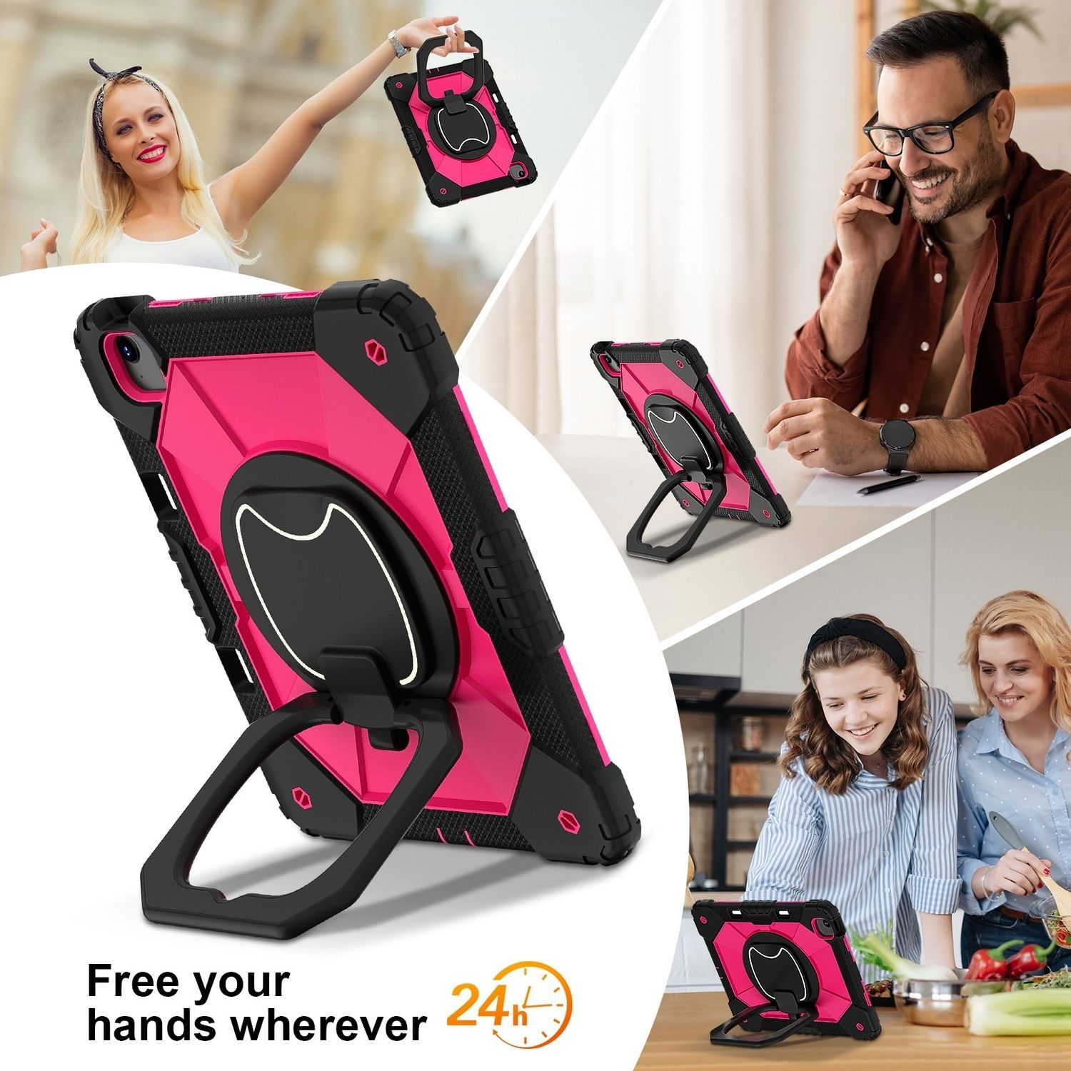 Funda de tableta rosa con soporte, gente usando tabletas y texto: "Free your hands wherever".
