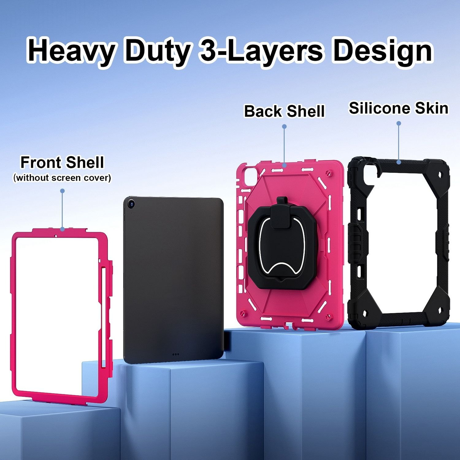 Diagrama de una funda para tableta, mostrando carcasa frontal, trasera y piel de silicona, en rosa y negro.