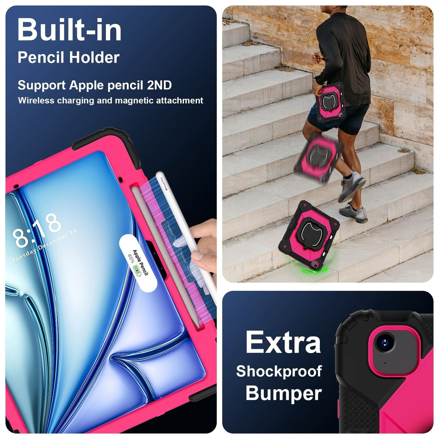 Una funda rosa para tableta con un lápiz, con diseño de parachoques a prueba de golpes adicional y usuario.