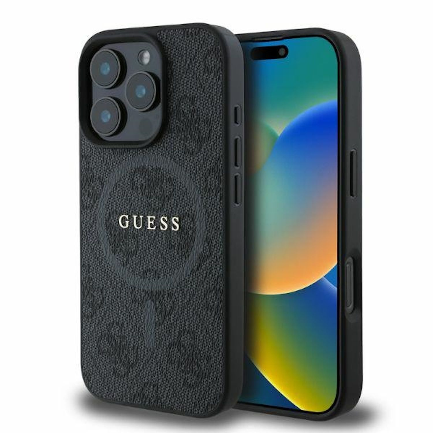 Custodia nera con logo GUESS e telefono. Custodia su un tavolo nero.