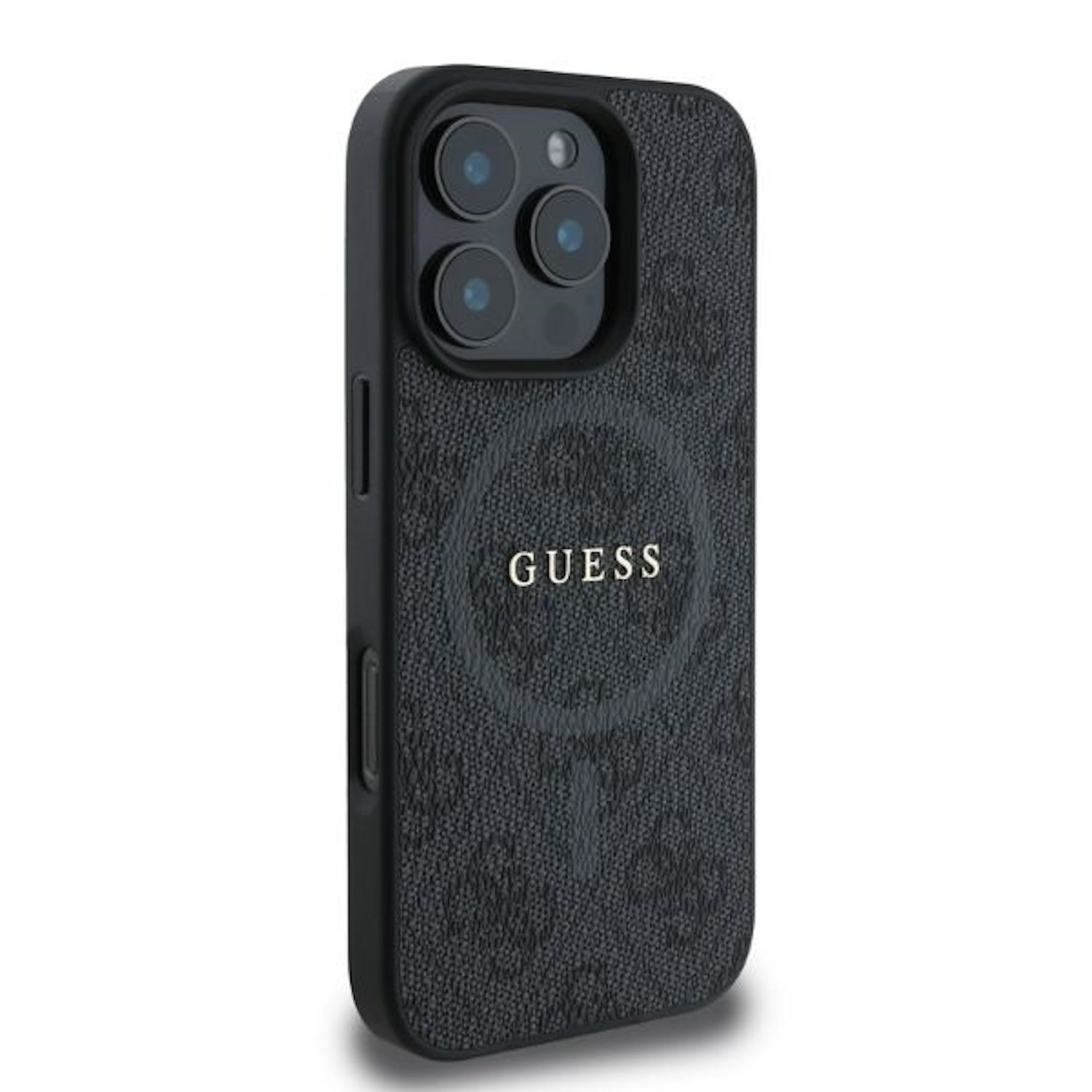 Custodia per telefono Guess nera con logo, design strutturato, su sfondo bianco.