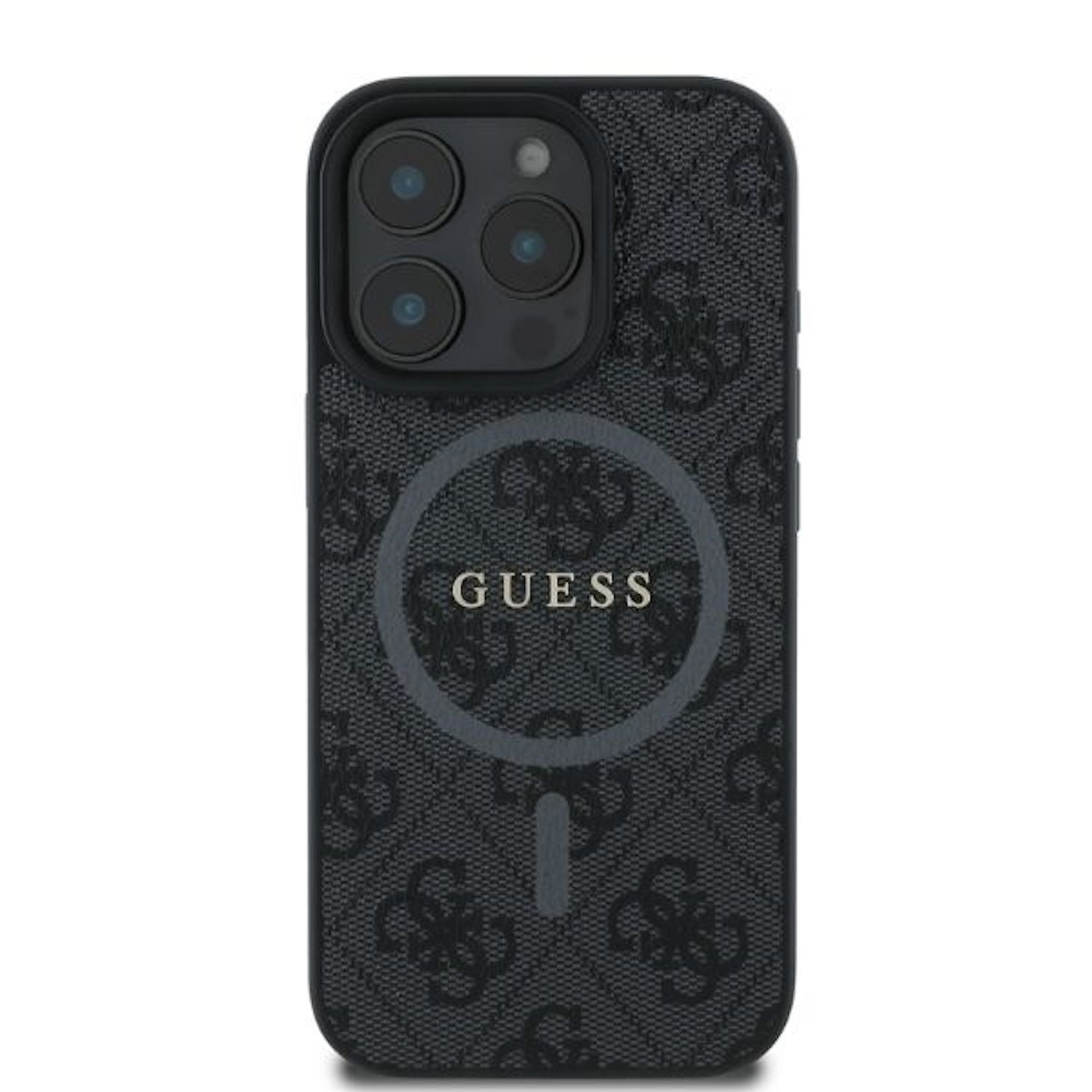 Custodia per telefono nera con logo Guess e configurazione fotocamera. Design nero e grigio.