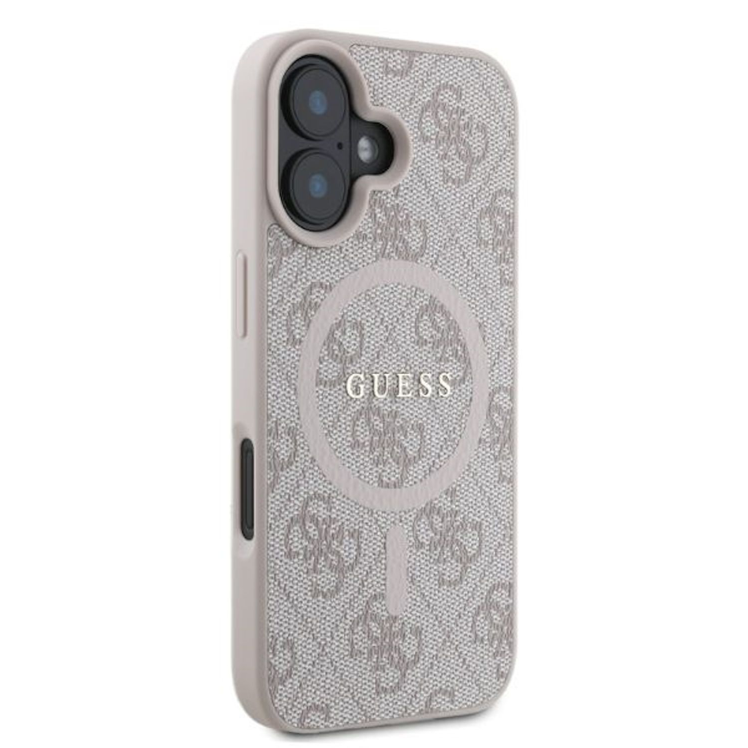 Una custodia per telefono con il logo Guess e ritagli per la fotocamera. La custodia è grigio chiaro e a fantasia.