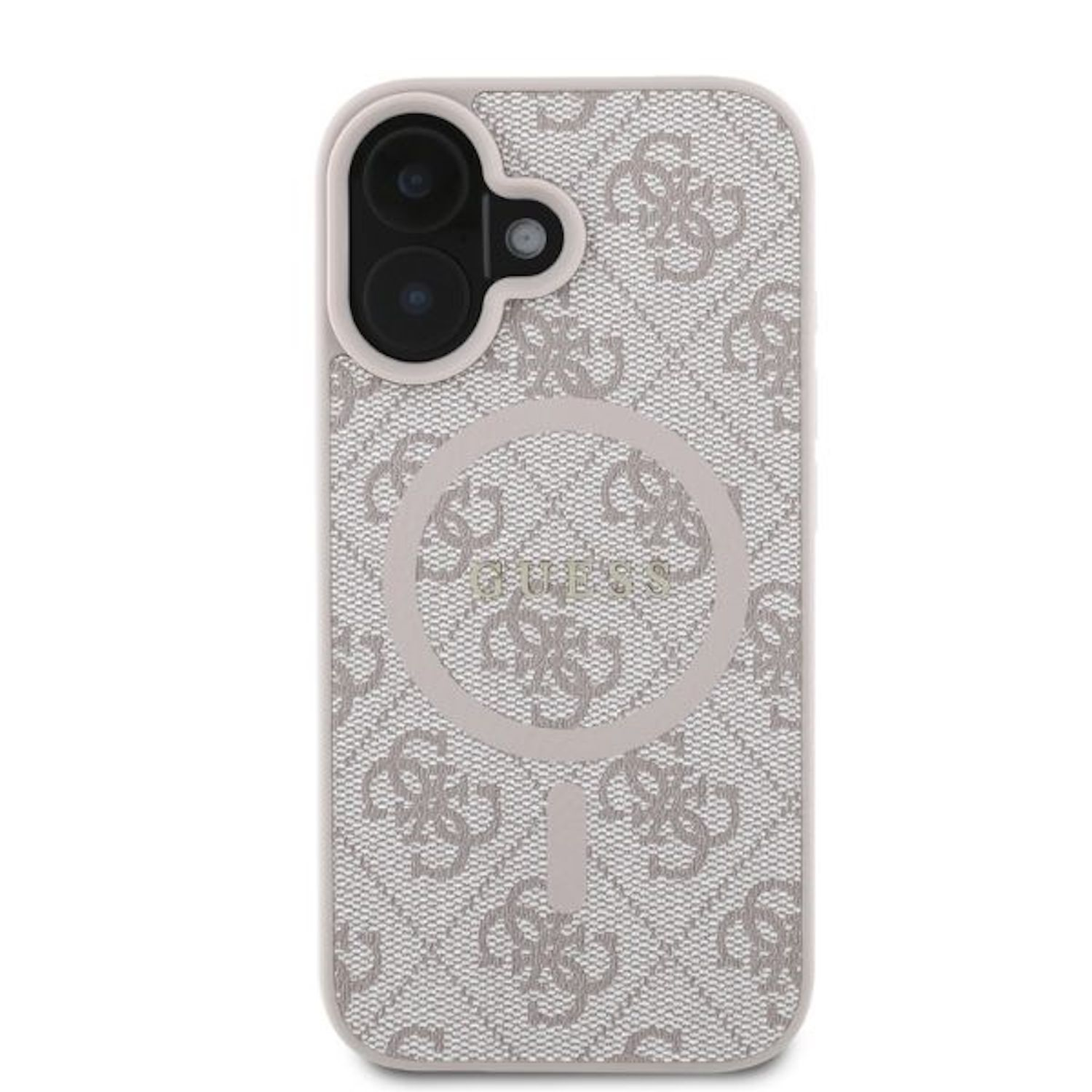 Custodia per telefono con motivo logo Guess. La custodia è di colore grigio chiaro con un ritaglio per la fotocamera.