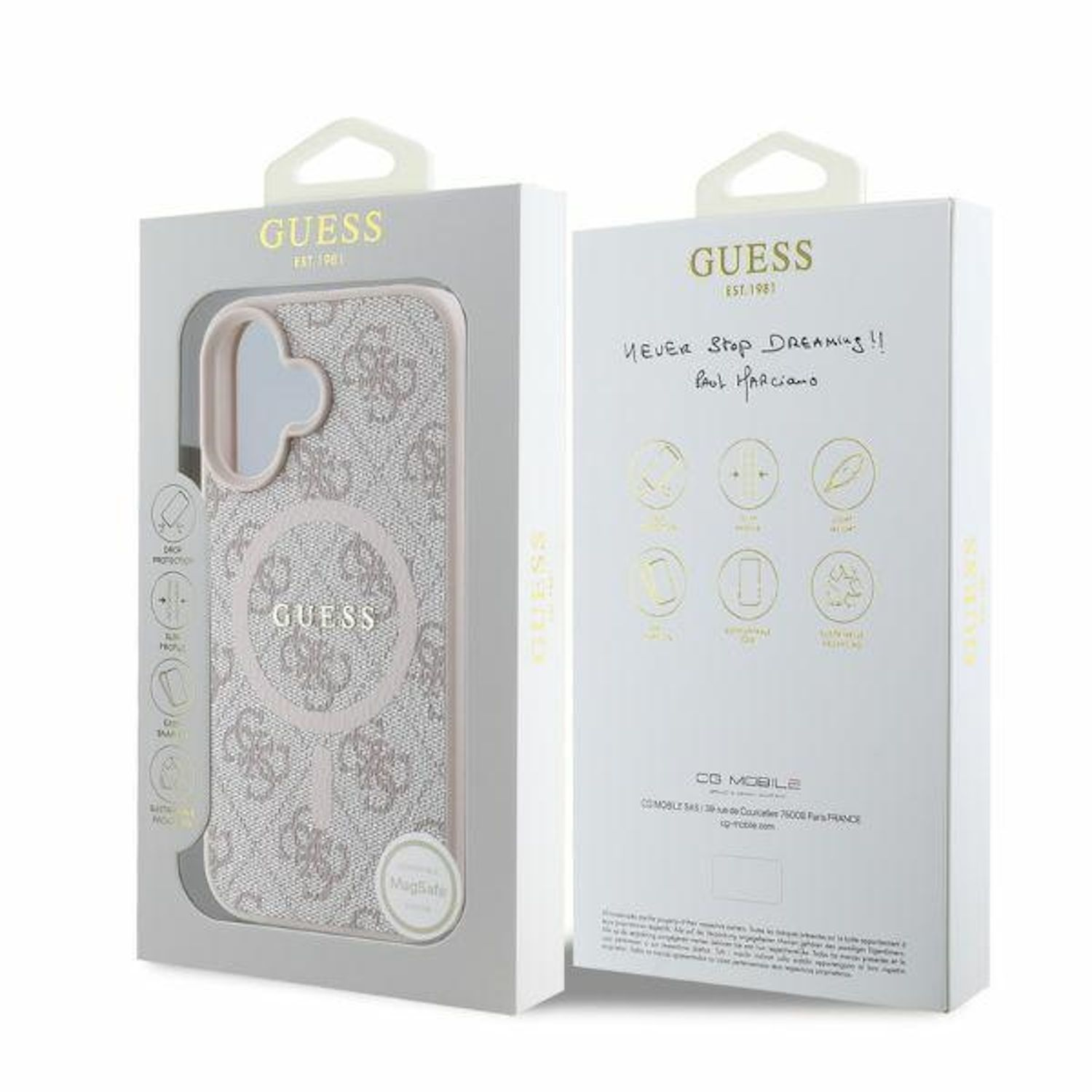 Una custodia per telefono GUESS in una scatola. La custodia è rosa chiaro con un design del logo.