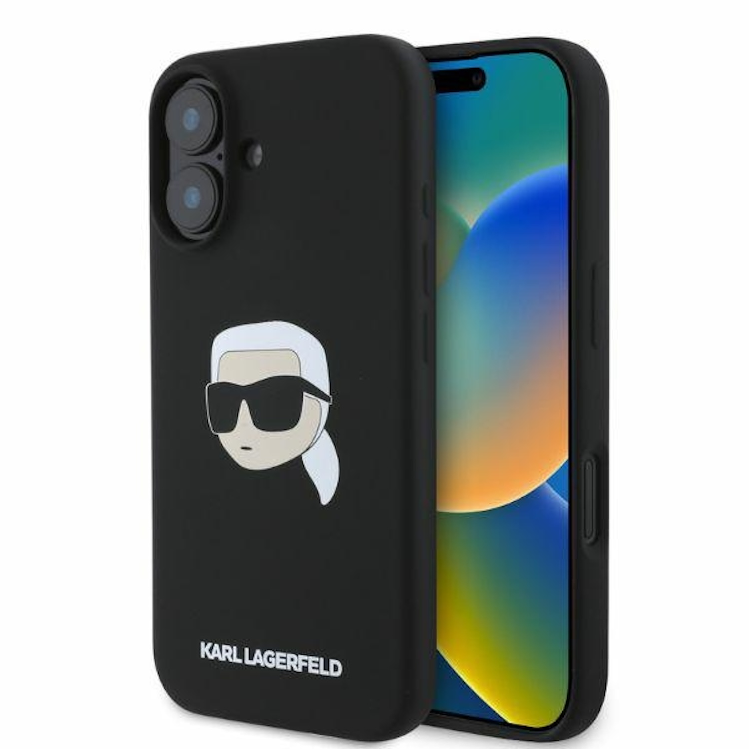 Custodia nera per telefono con design Karl Lagerfeld. Il telefono è visibile.