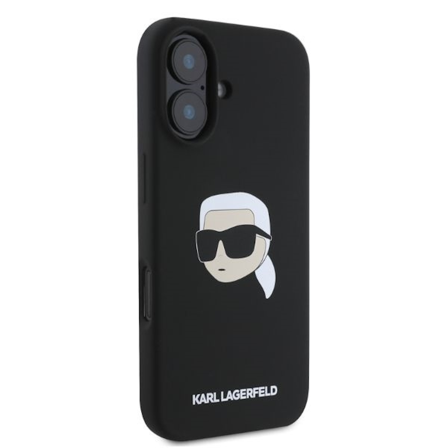 Custodia nera per telefono con logo Karl Lagerfeld. Il logo è di un uomo con occhiali da sole.