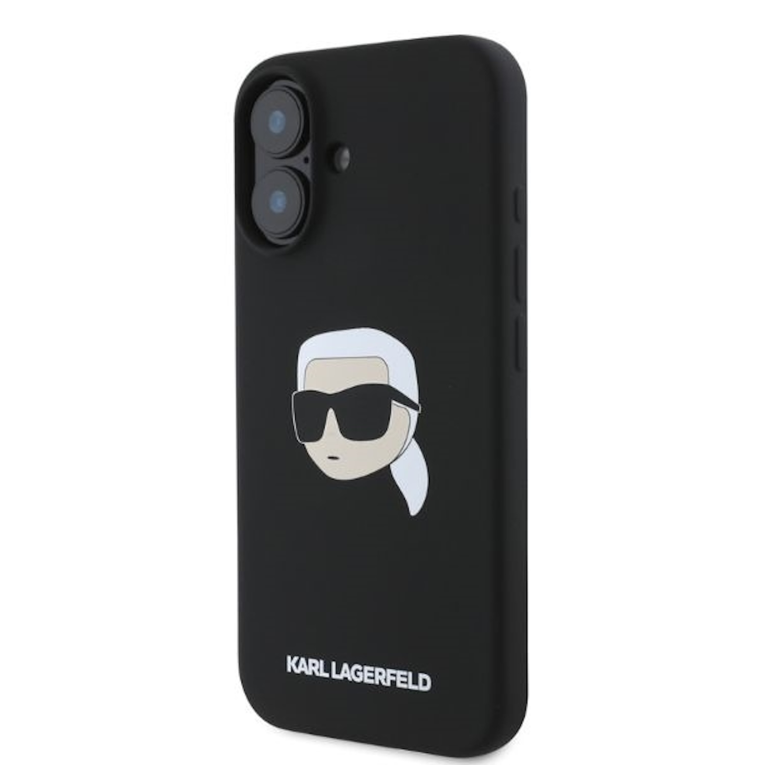 Custodia nera per telefono con un'immagine a cartone animato del volto di Karl Lagerfeld.