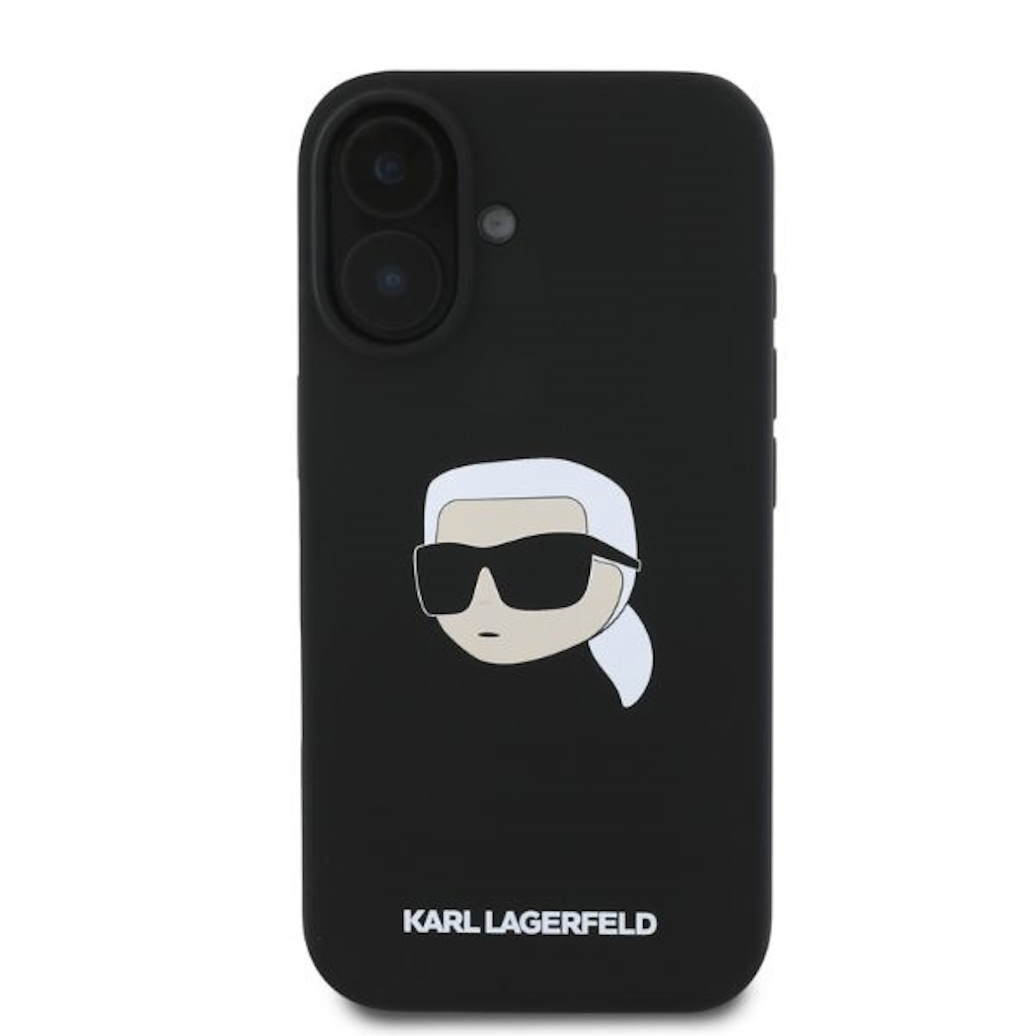 Custodia per telefono nera con un design di Karl Lagerfeld. Sfondo bianco.