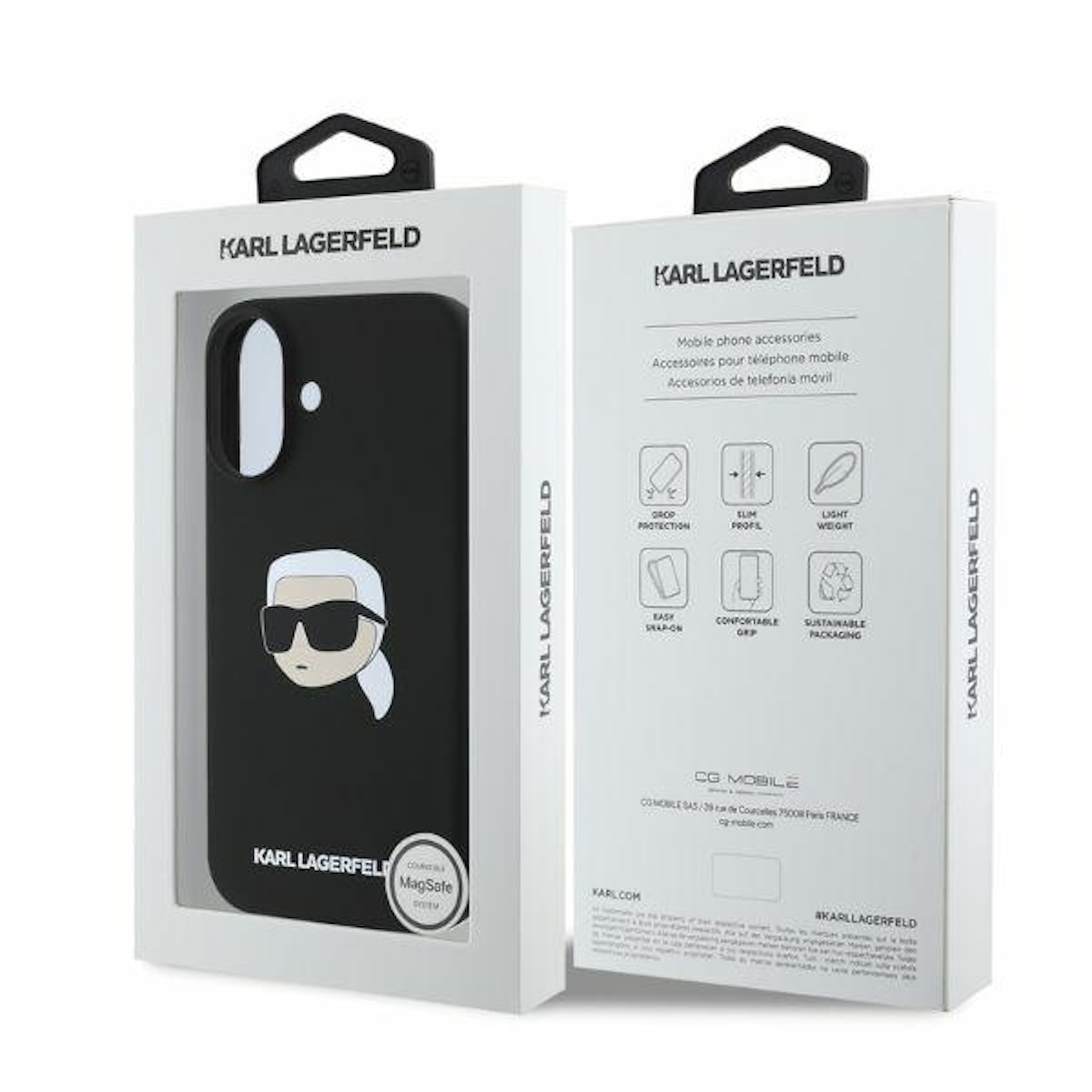 Custodia per telefono Karl Lagerfeld in una scatola, con custodia nera con logo e fumetto bianco.