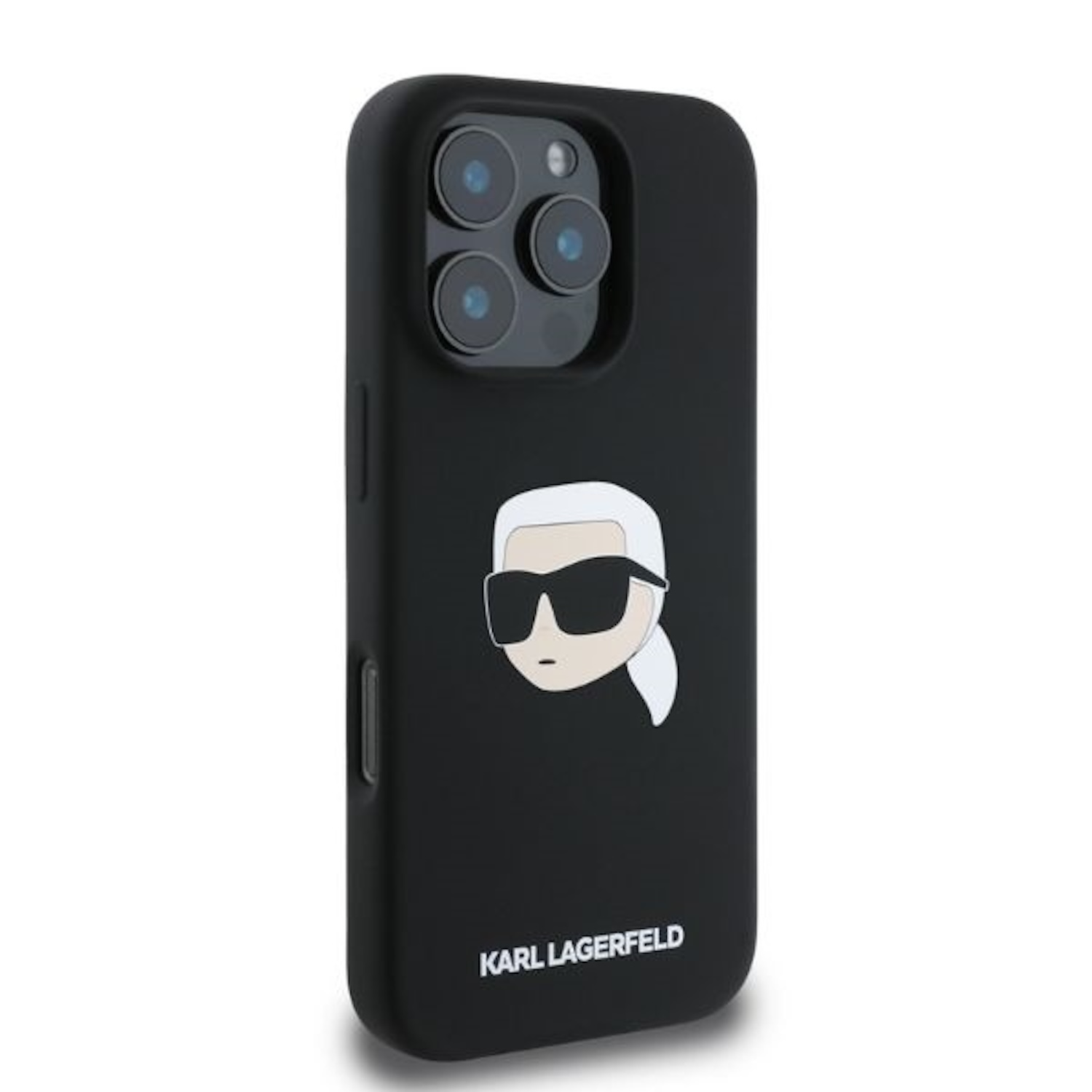 Schwarze Handyhülle mit Karl Lagerfelds Gesicht, Sonnenbrille und weißem Haar.