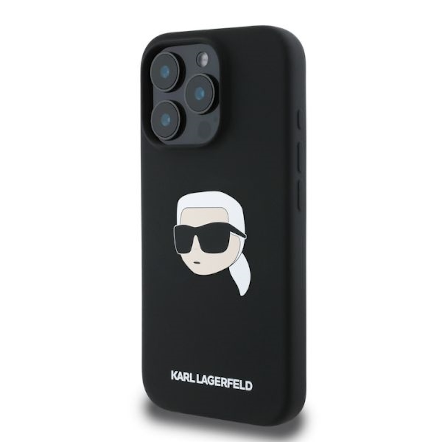 Schwarze Handyhülle mit Karl Lagerfeld Design; weiße Silhouette des Gesichts des Designers.
