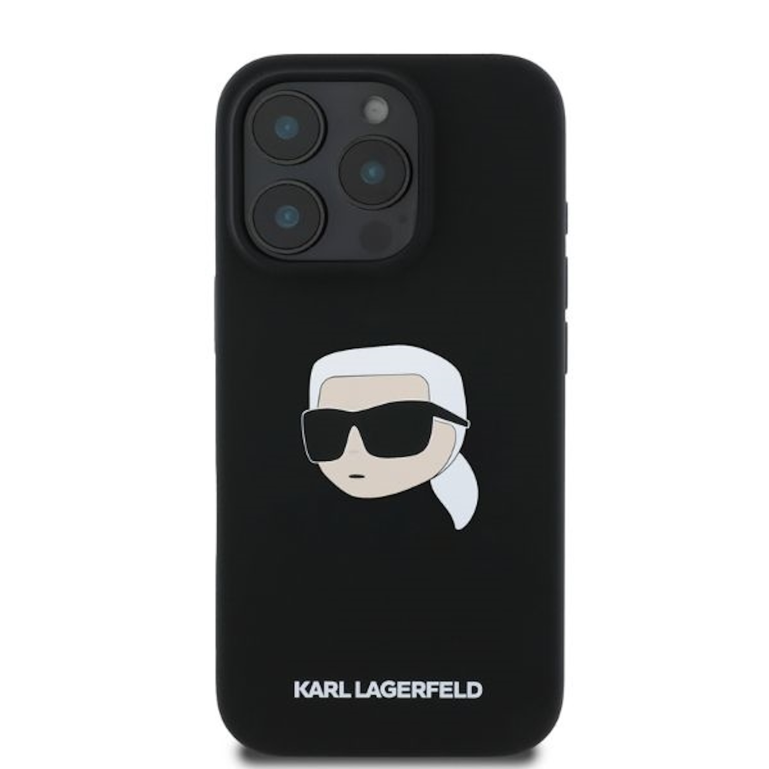Schwarze Handyhülle mit einem Karl Lagerfeld Cartoon-Design darauf.