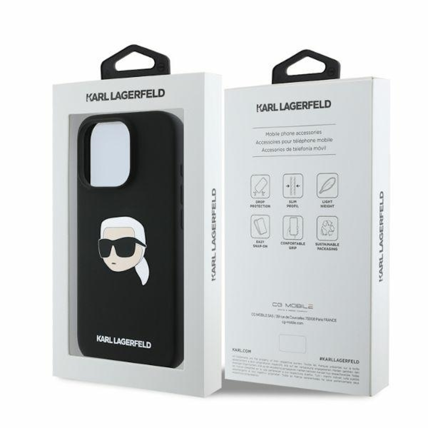 Karl Lagerfeld Handyhülle in der Verpackung. Schwarzes Case mit weißem Logo.
