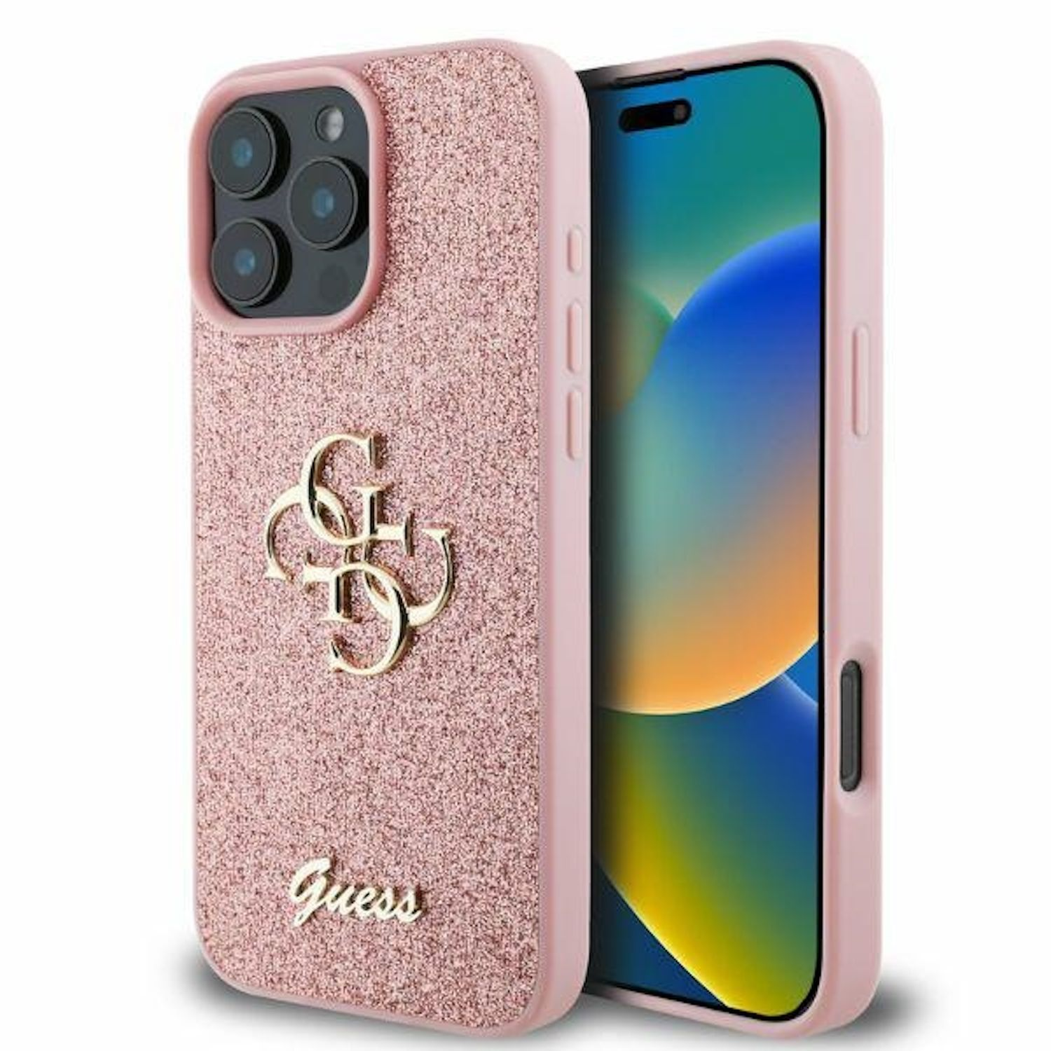 Eine rosa Glitzer-Handyhülle mit dem Guess-Logo und einem Telefon.