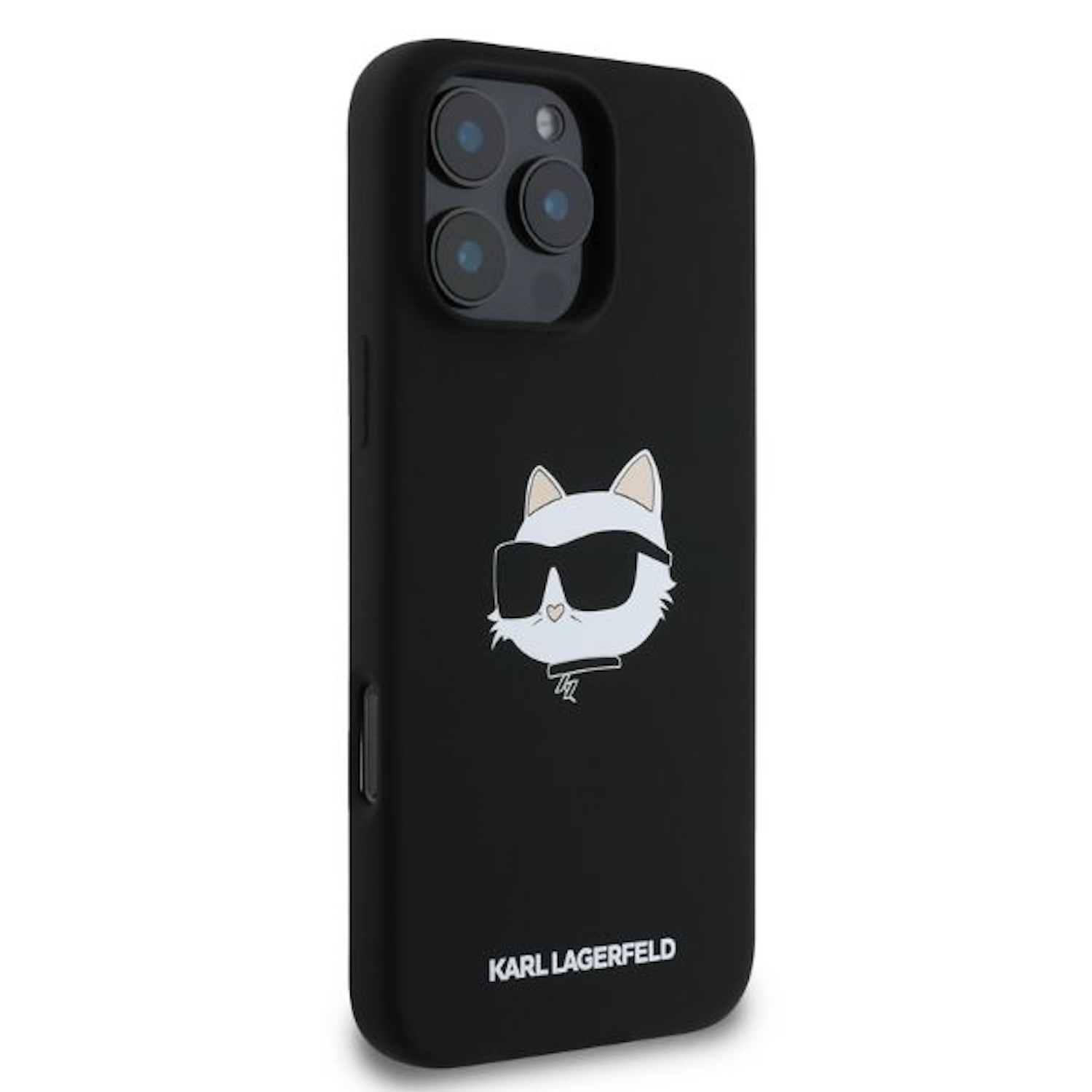Custodia nera per iPhone con un gatto bianco con occhiali da sole. Il marchio Karl Lagerfeld è sotto.
