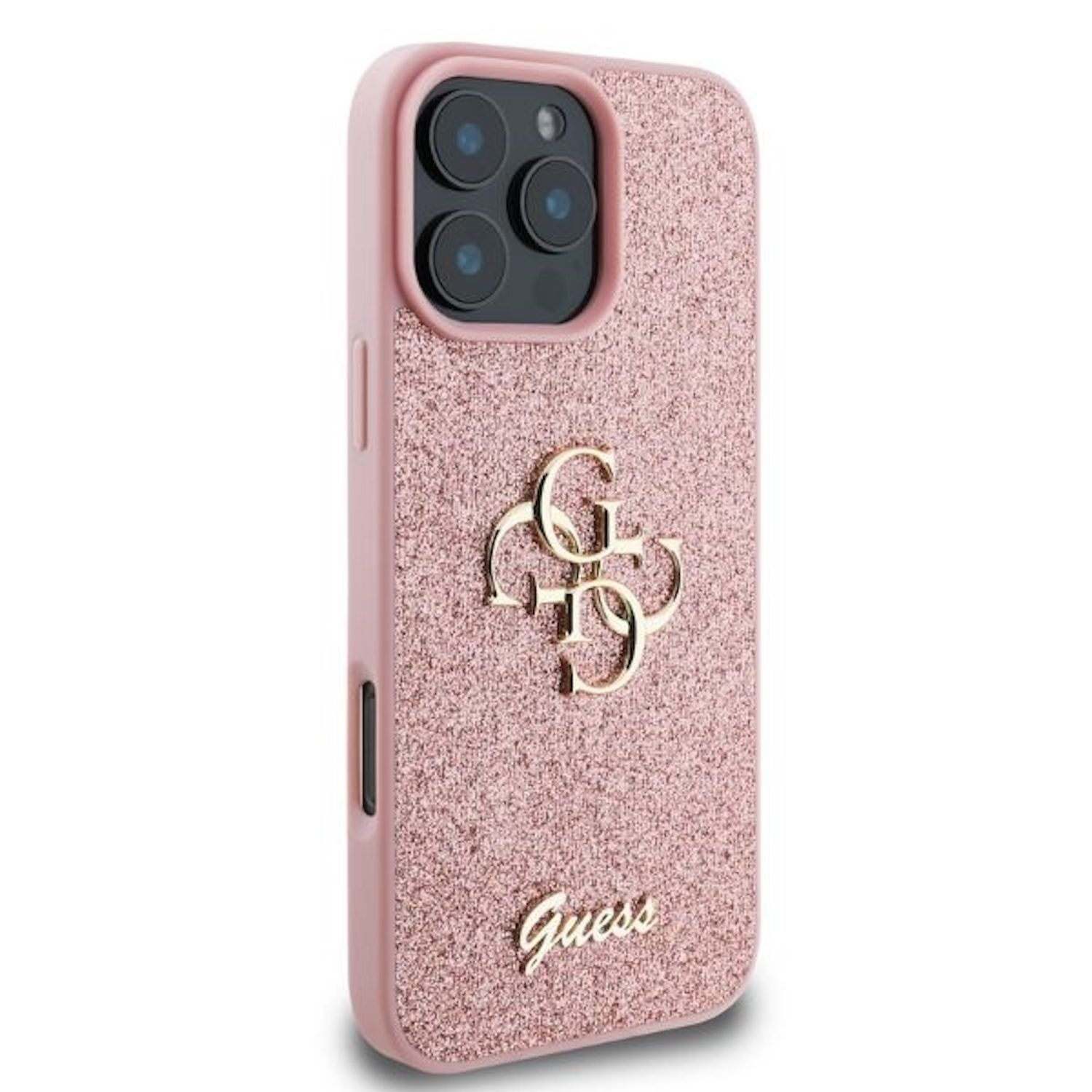 Rosa Glitzer-Handyhülle mit goldenem Guess-Logo. Telefon ist leicht angewinkelt, zeigt die Details der Hülle.